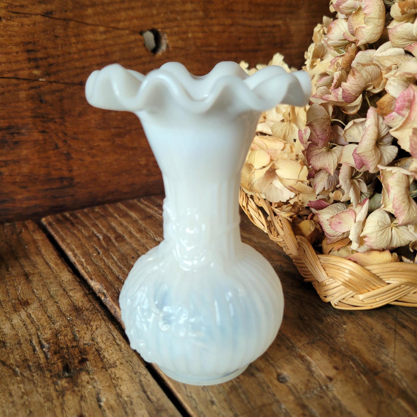A small French white opaline antique soliflore vase, hand made