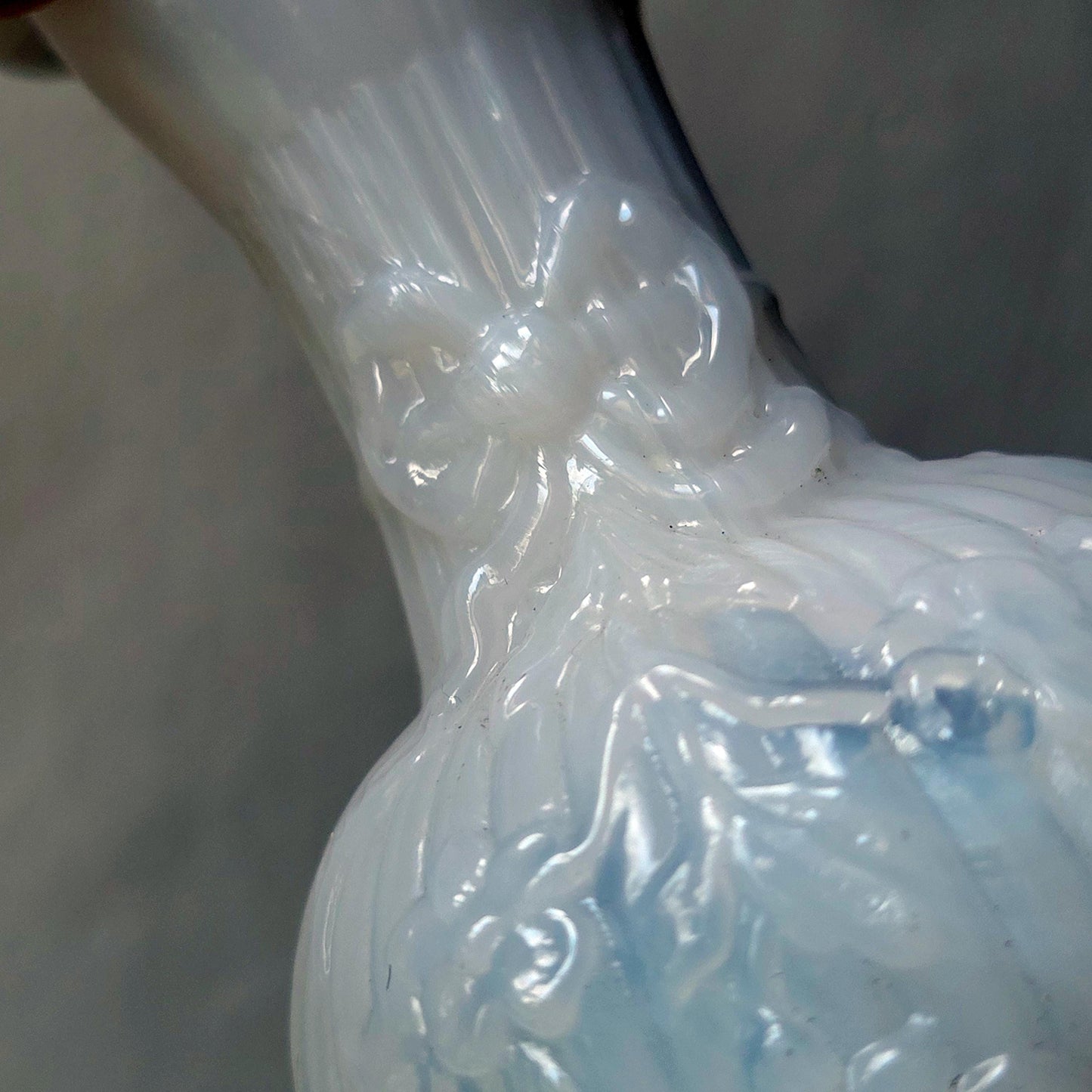 French white opaline milk glass antique soliflore small vase, vintage ruffled rim with ribbon design, hand blown vase, c1891-1920 France