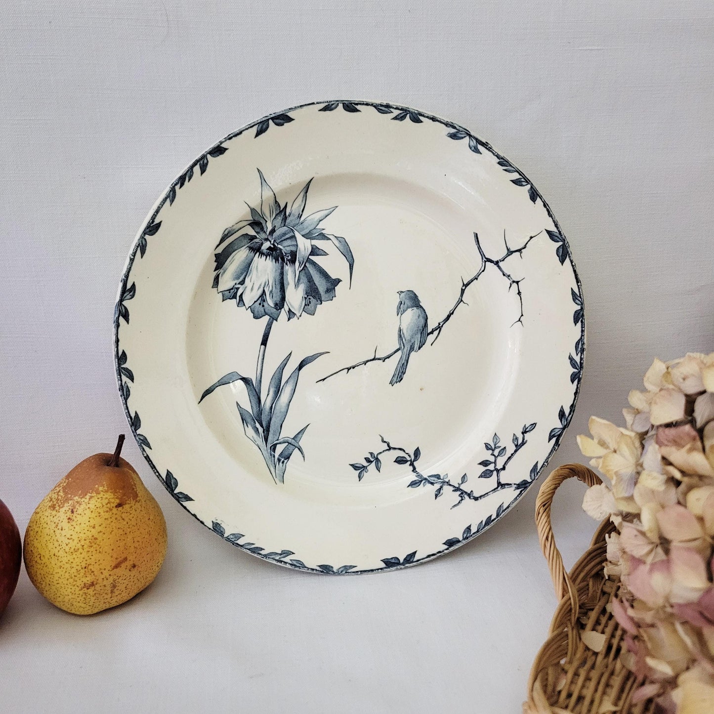 Choisy le Roi French ironstone antique dinner plate, bird / floral, excellent cond blue transferware 'Oxford' HBC (H Boulenger & Cie) France