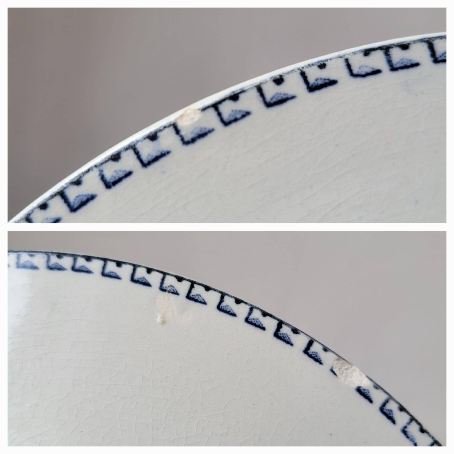 Low cake stand, French antique blue ironstone transferware compotier, 'Sofia' Gien France c1910, checker pattern border in navy blue & white