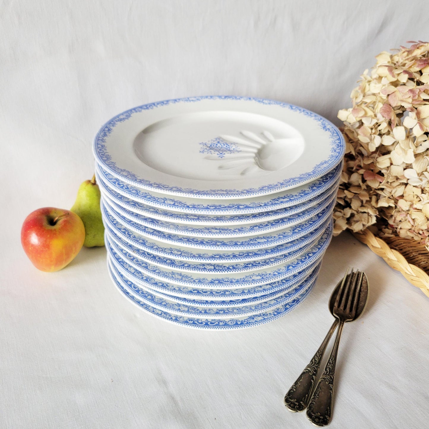 Antique French Ironstone Asparagus Plates: Jules Veillard Blue Transferware, Set of 12
