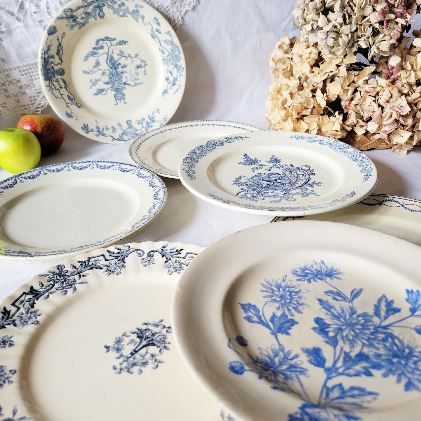 Antique French Ironstone Dinner Plates: Blue Transferware, Mismatched Set of 8