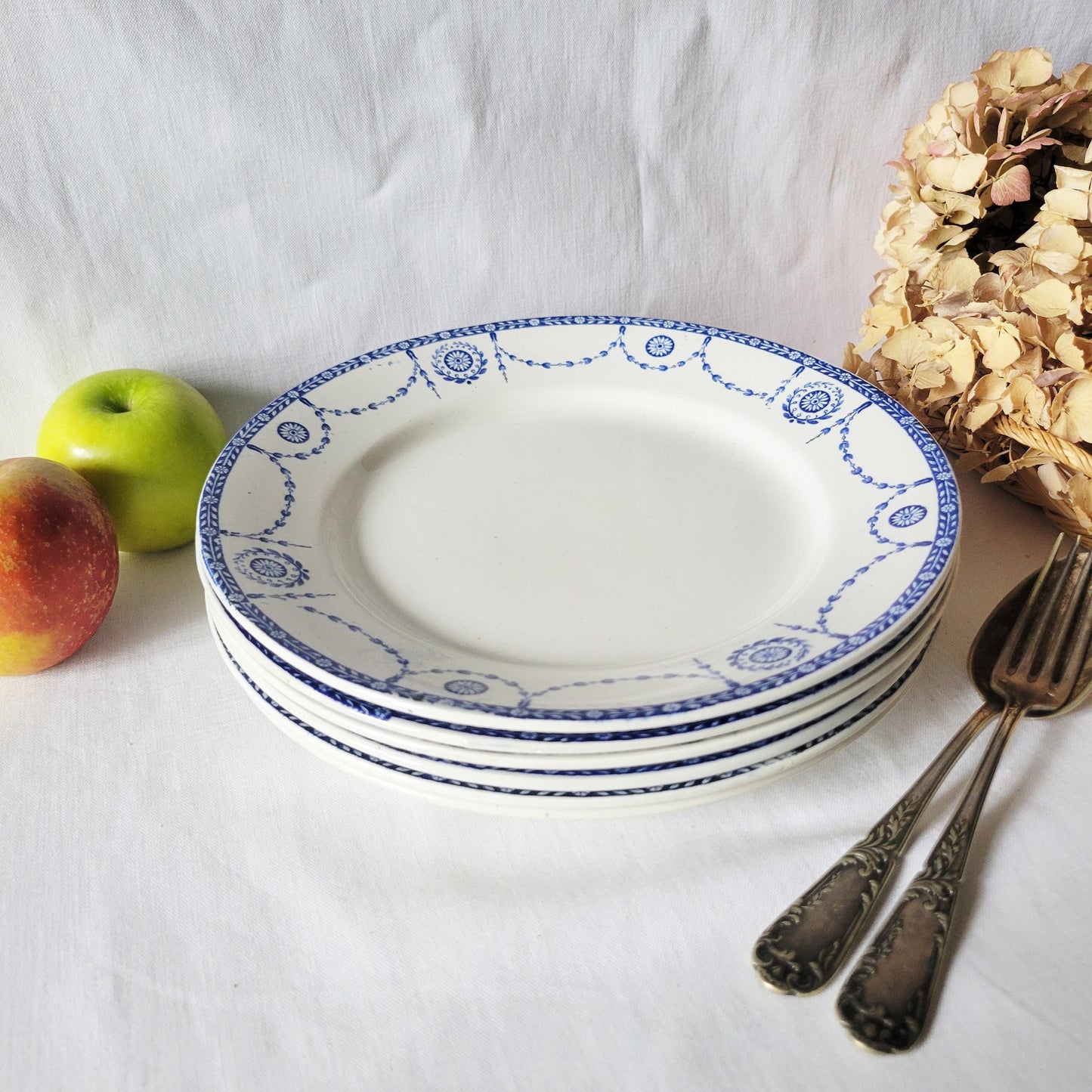 Antique French Dinner Plates Set: Blue Transferware Neoclassical 'Bonaparte' Design