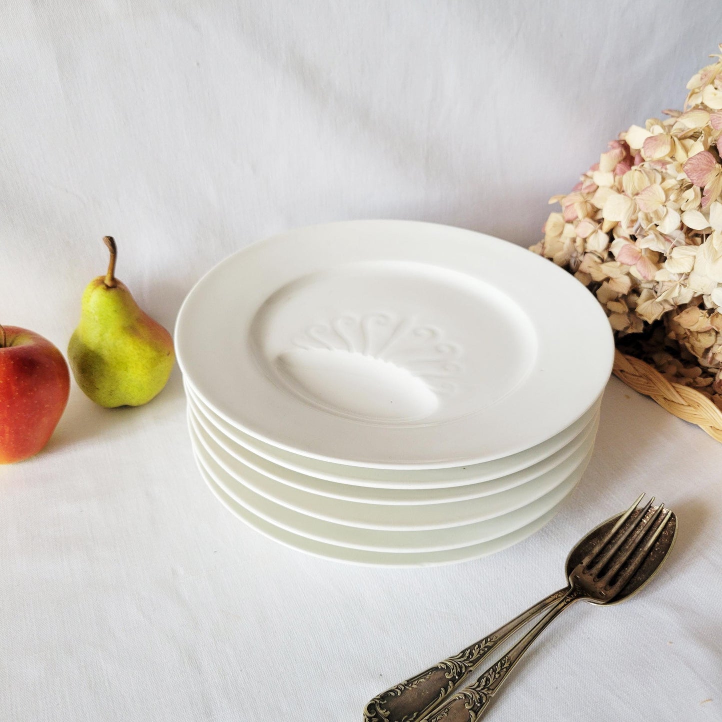 Antique French Asparagus Plates, Ivoire Pattern, Cream Earthenware, c1920 (Pair)