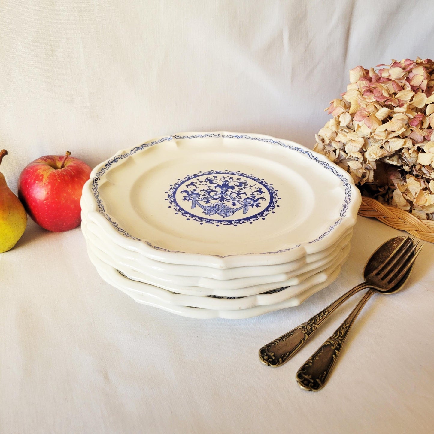 Vintage Gien France Dinner Plates: Set of 6 Blue Floral Transferware