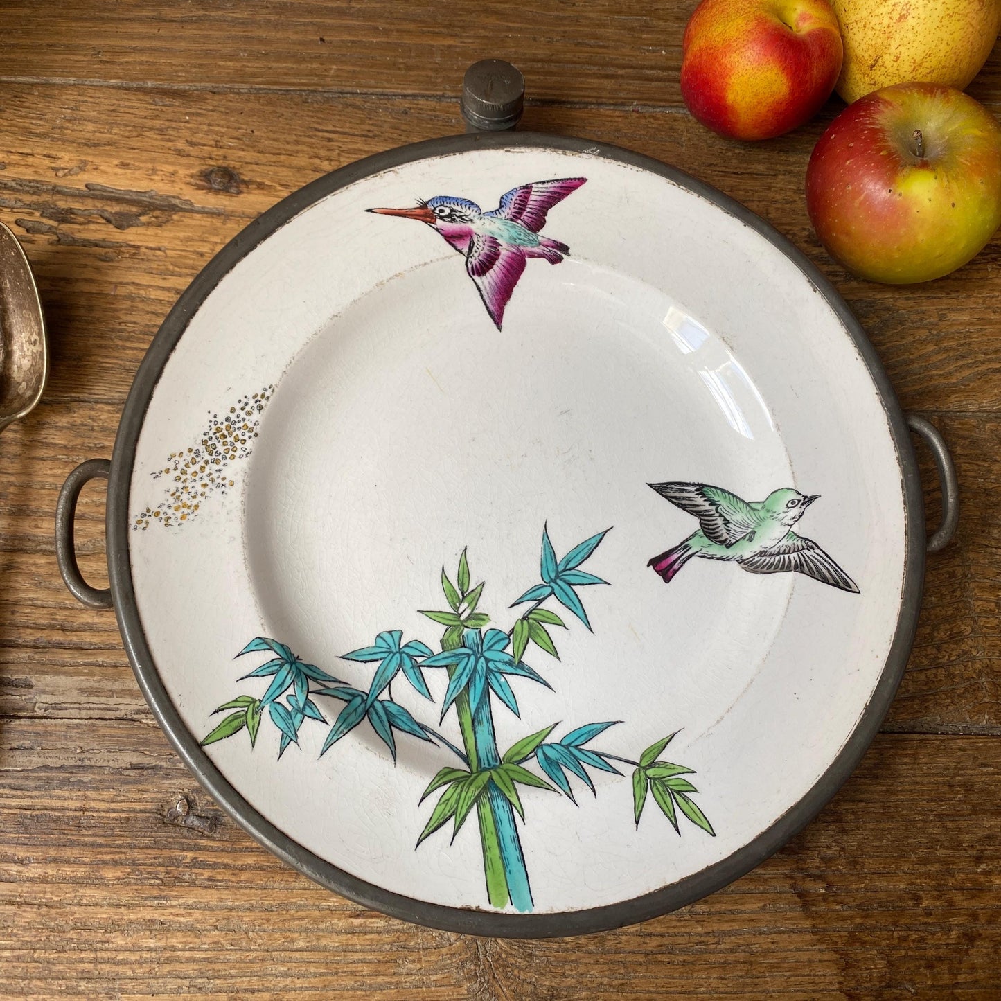 Antique Japonisme Warming Plate: Hand-Painted Birds, James Dixon & Sons