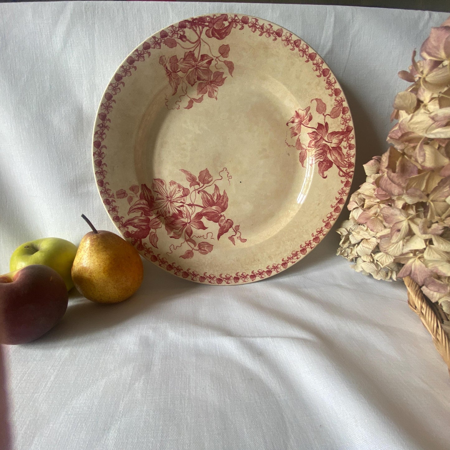 French Antique Red Transferware Plate, St Amand Floral Platter, c1890