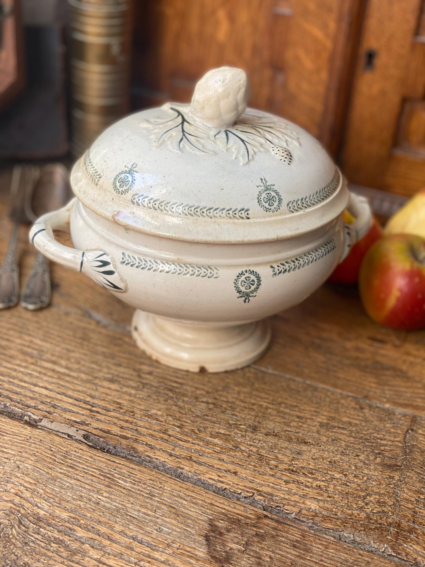 Small French antique soup dish / tureen / soupiere with lid wreaths and garlands shabby green transferware c 1890-1910 Faiencerie de Castres