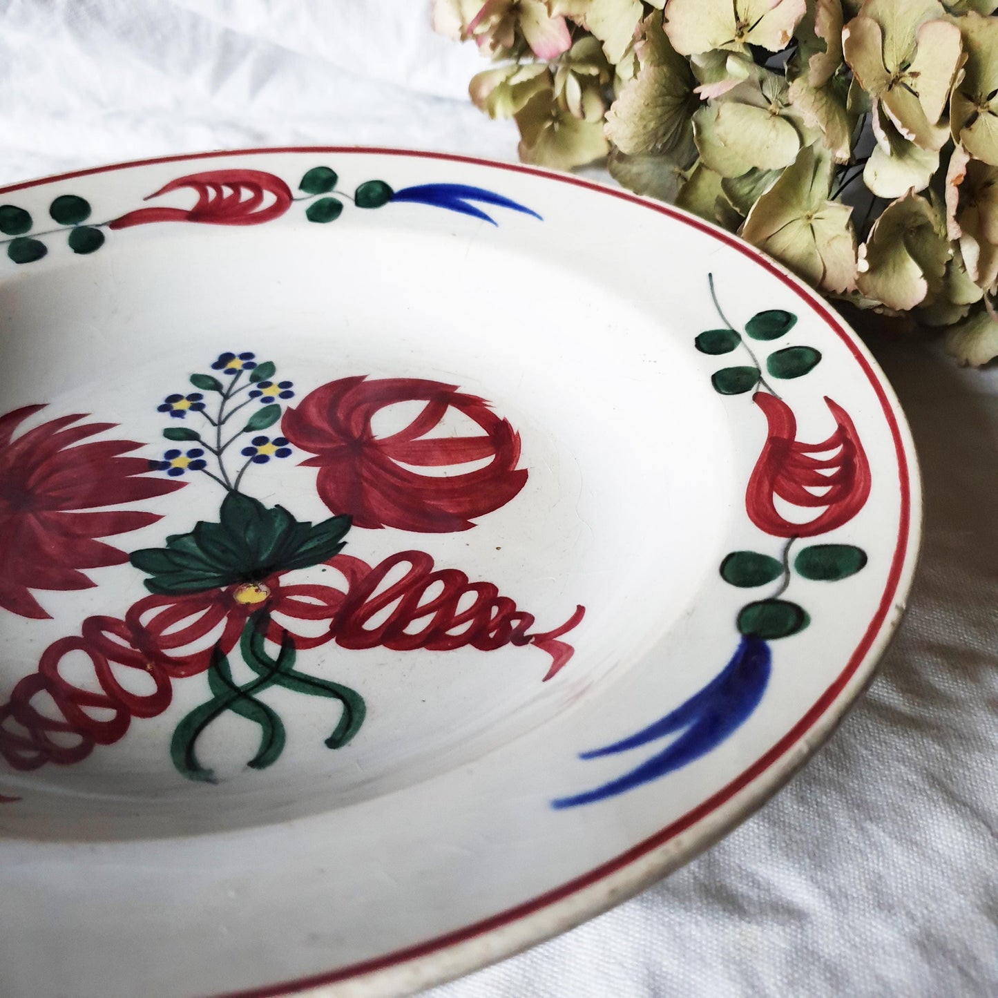 Antique Spongeware Soup Plate: Crimson Red Floral Welsh Pottery