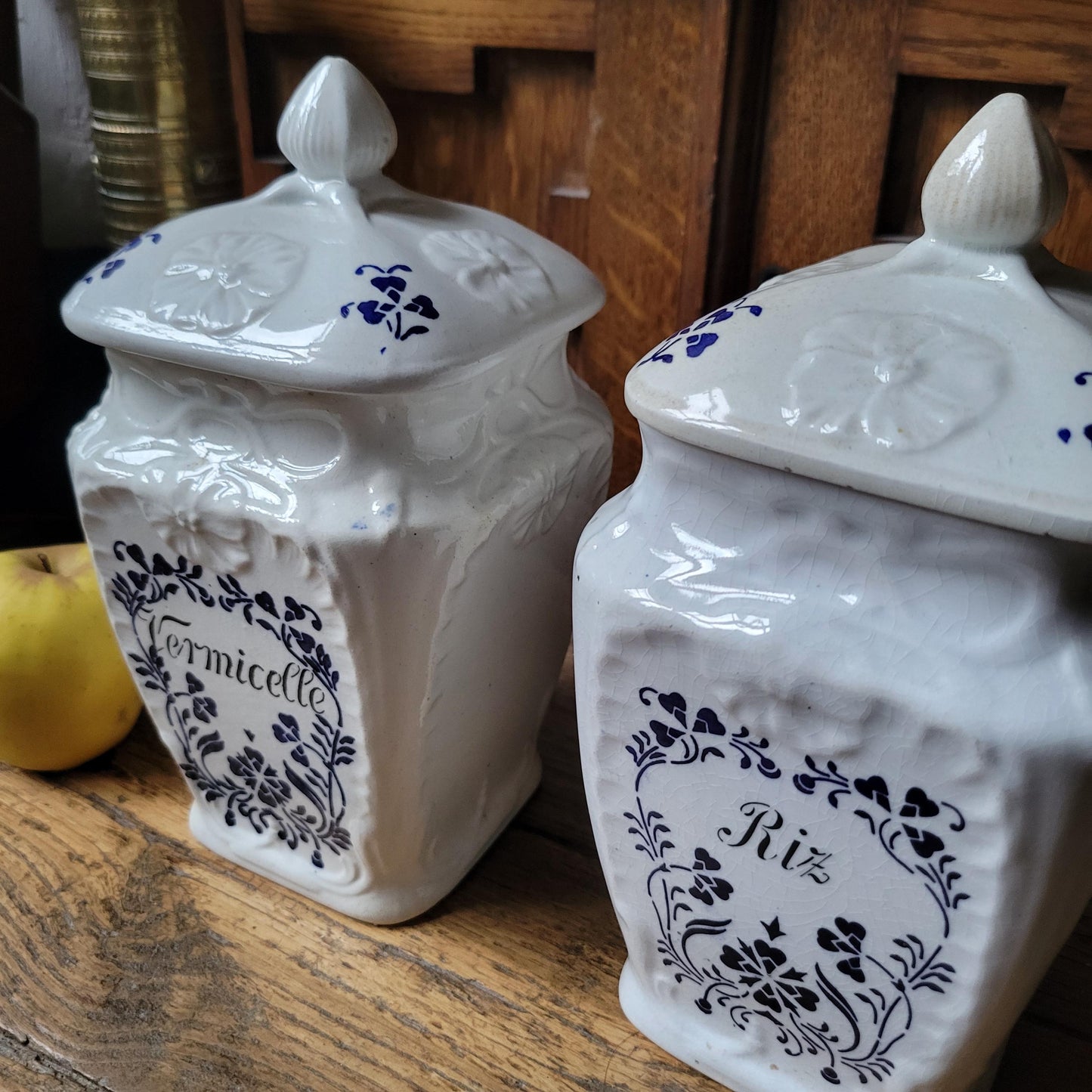 PAIR Antique French canisters vintage set of 2, Art Nouveau France c1900 transferware faience