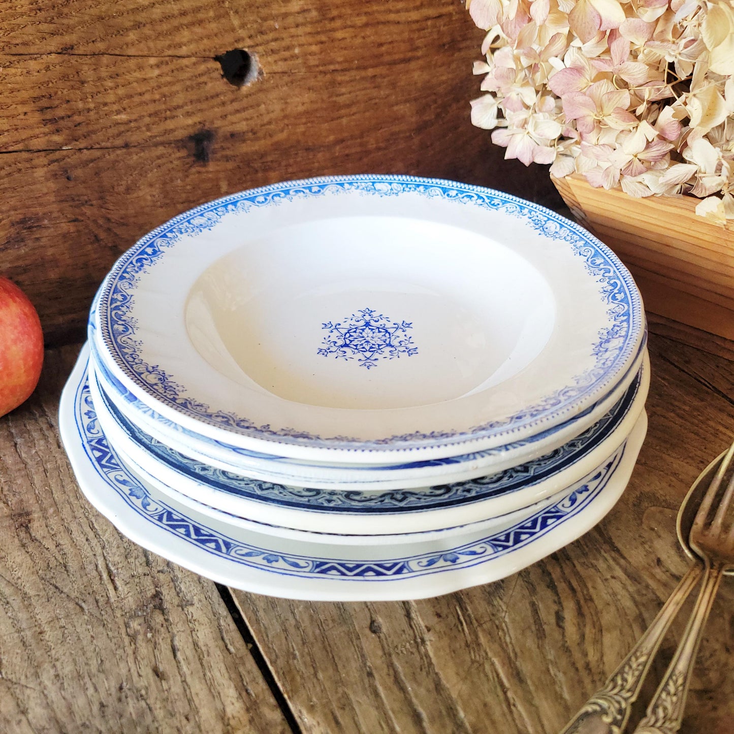 SET of 6 Antique mismatched French Ironstone Soup Plates - Blue Transferware Floral