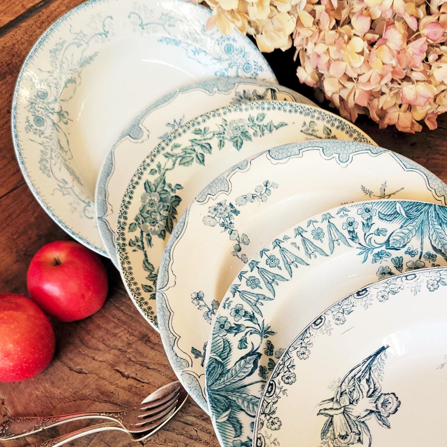 6 Antique Mismatched French Ironstone Soup Plates, Blue Floral Transferware, Set of 6