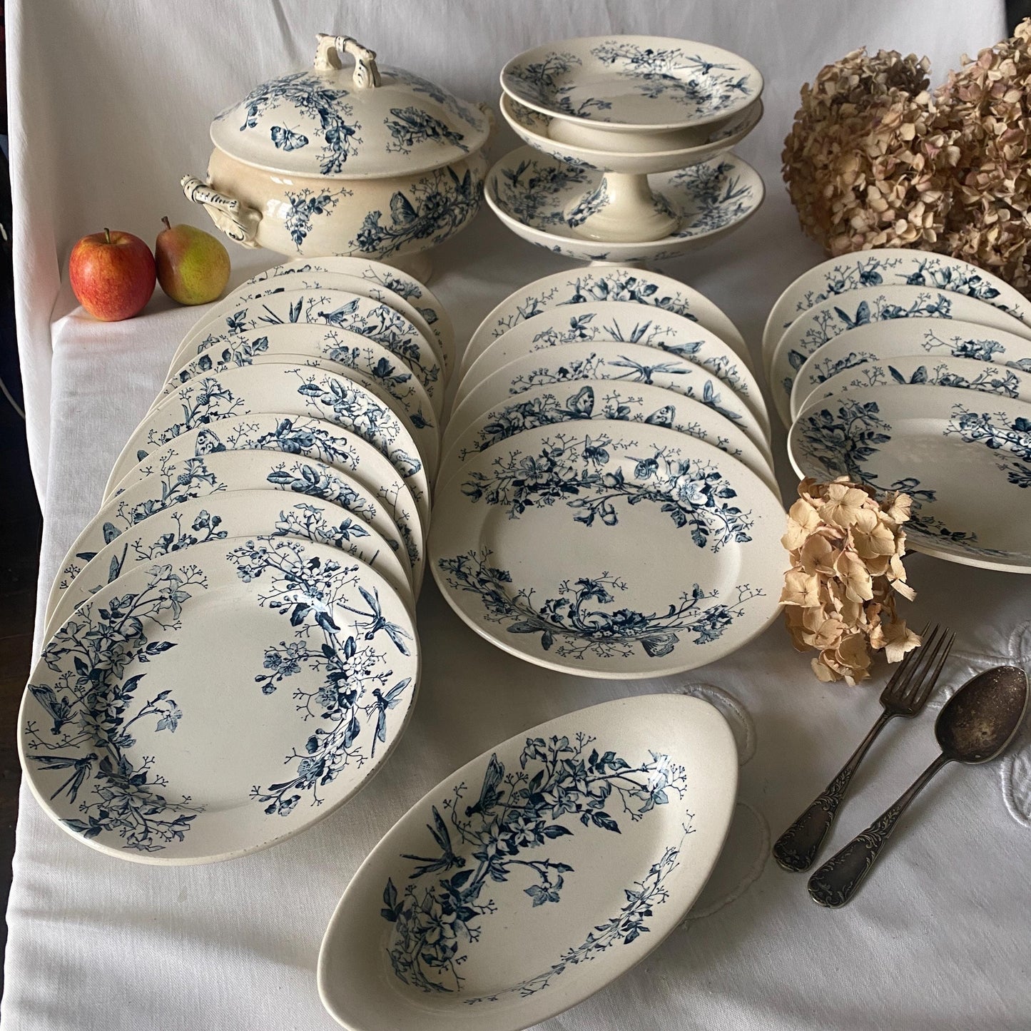 Antique Butterflies & Floral Dinner Service: French Blue Transferware, 10-Place Setting