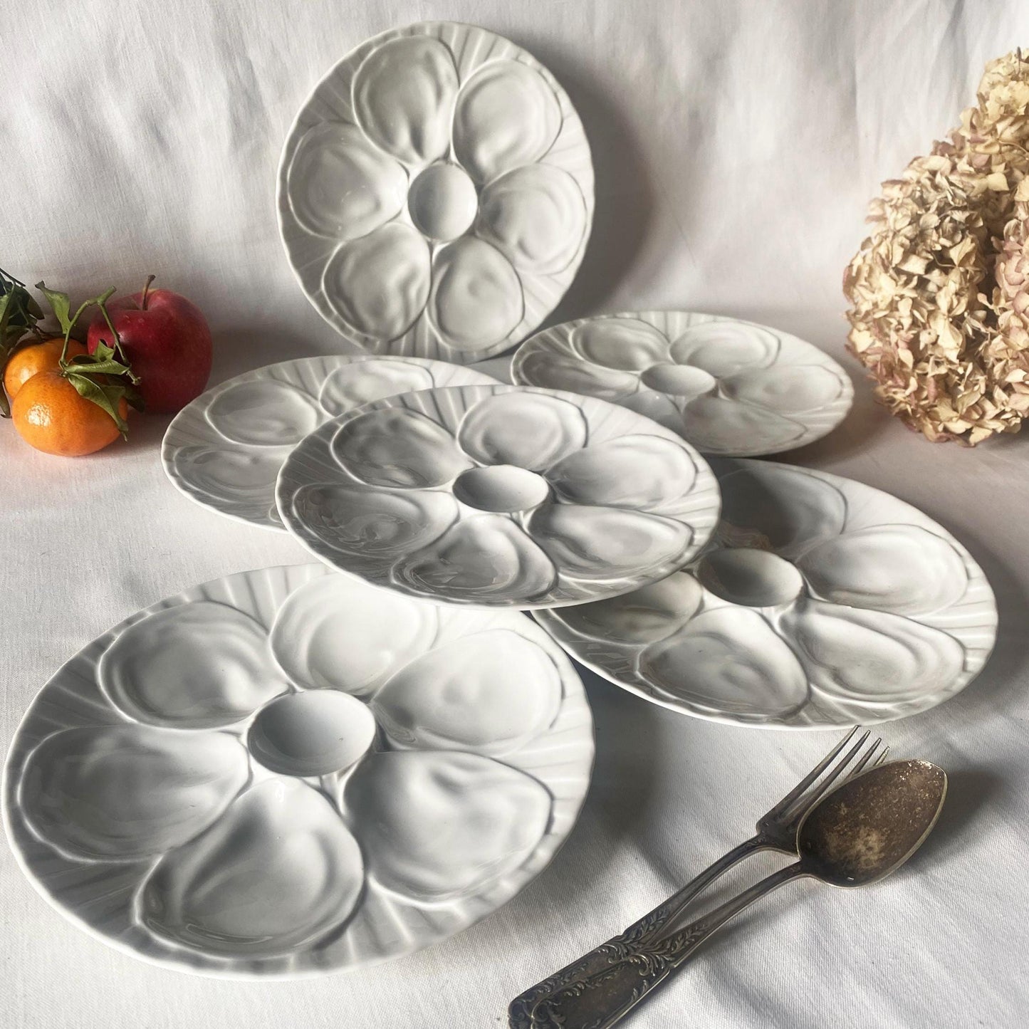 SET 6 oyster plates French vintage porcelaine by Pillivuyt France c1920-1950 in original basket.