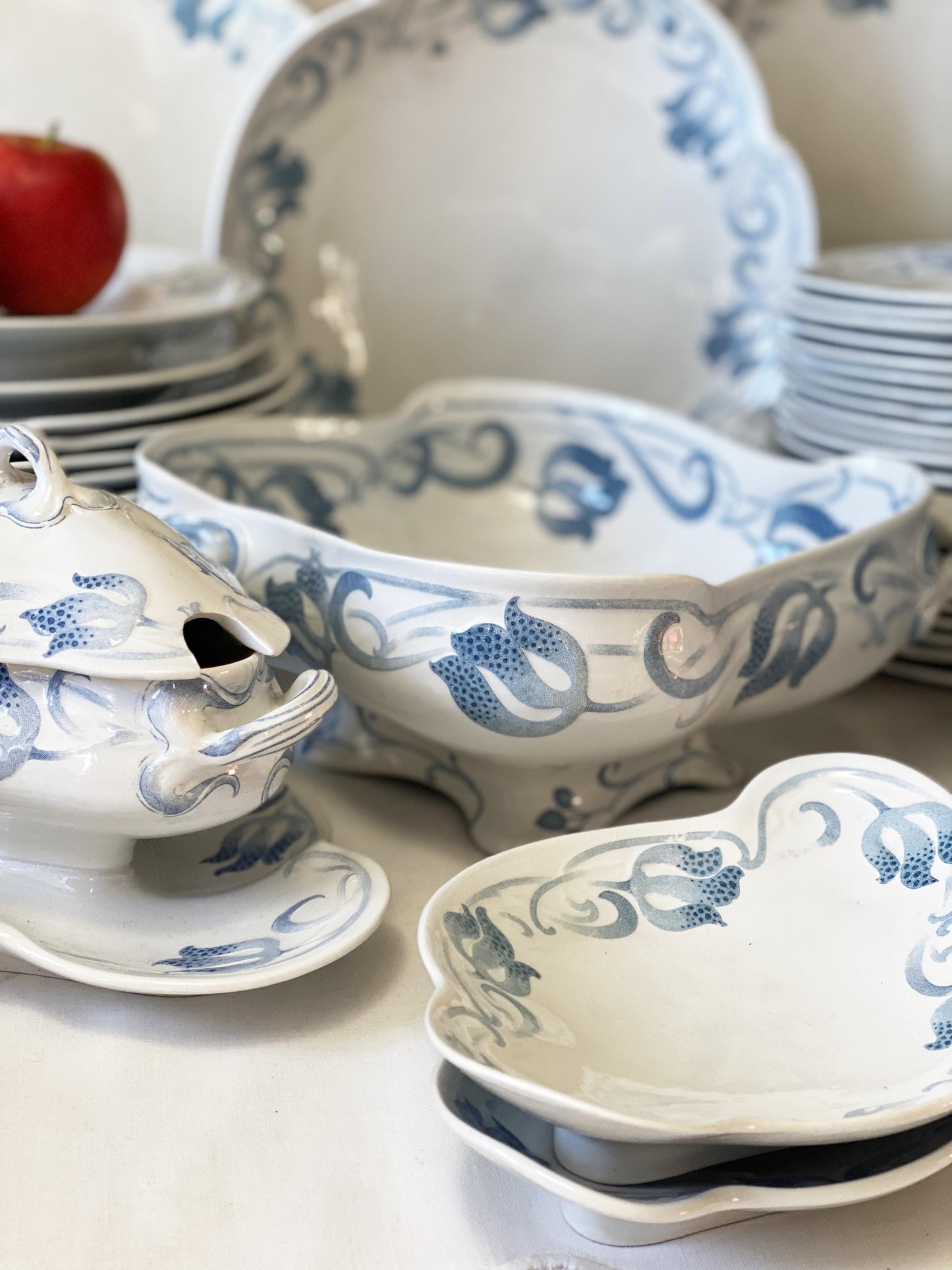 Antique French Sarreguemines 12-place Dinner Service, Art Nouveau Blue Floral, 47 pc Set