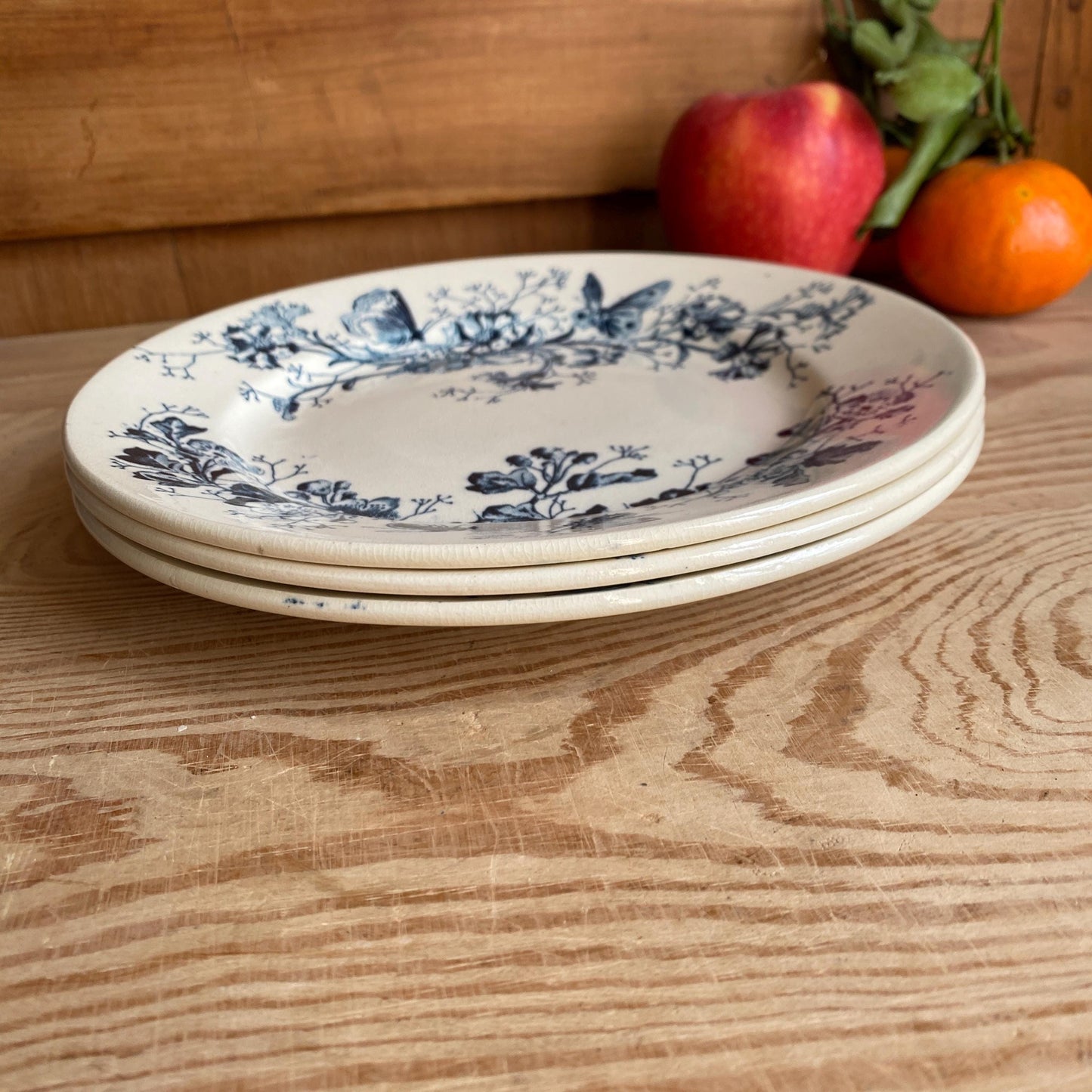 Antique Butterflies & Bees Side/dessert Plates (Set of 3): French teal blue Transferware, c1890