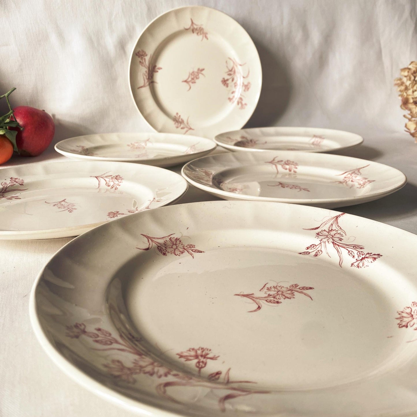Set 6 Antique Longwy France Dinner plates, Bluets Pattern, rose Pink Transferware