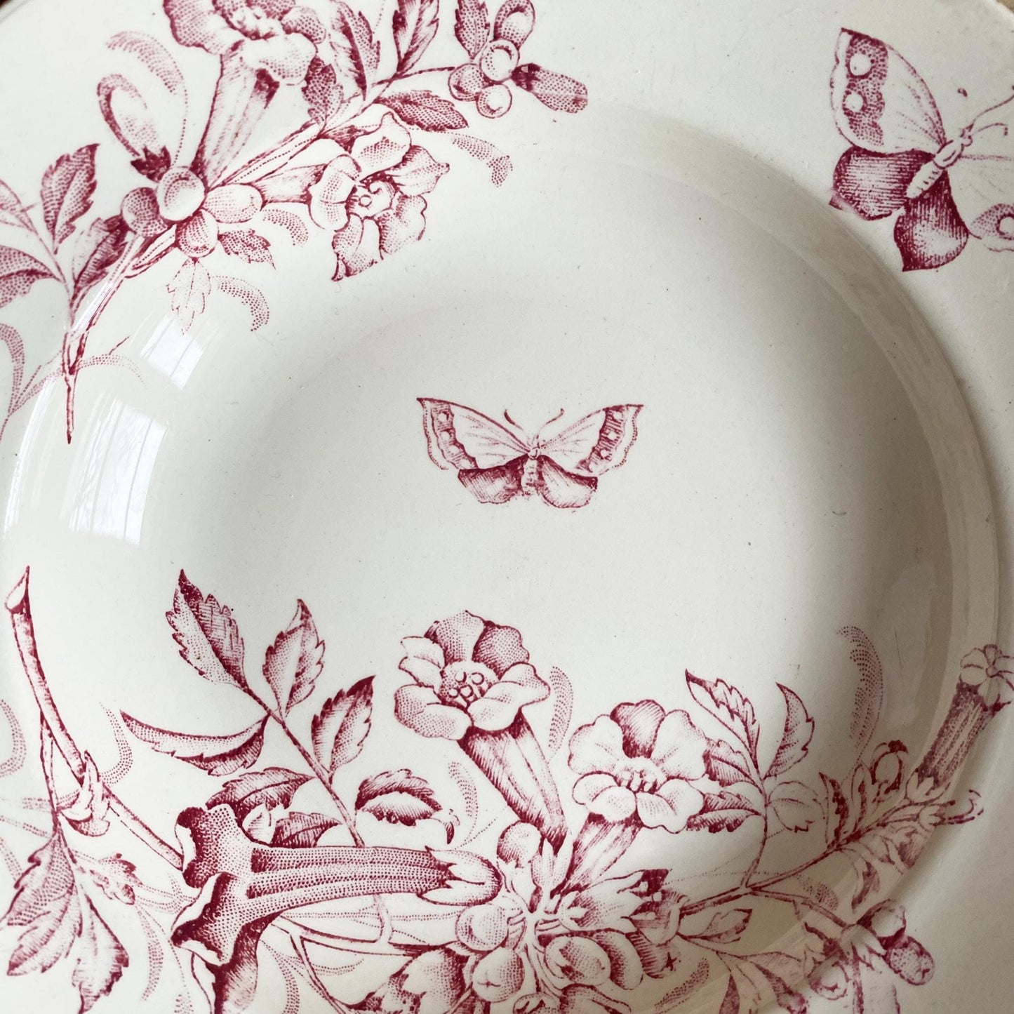 Set of 3 Antique rose pink Transferware Soup Plates, Badonviller Floral and butterflies Design
