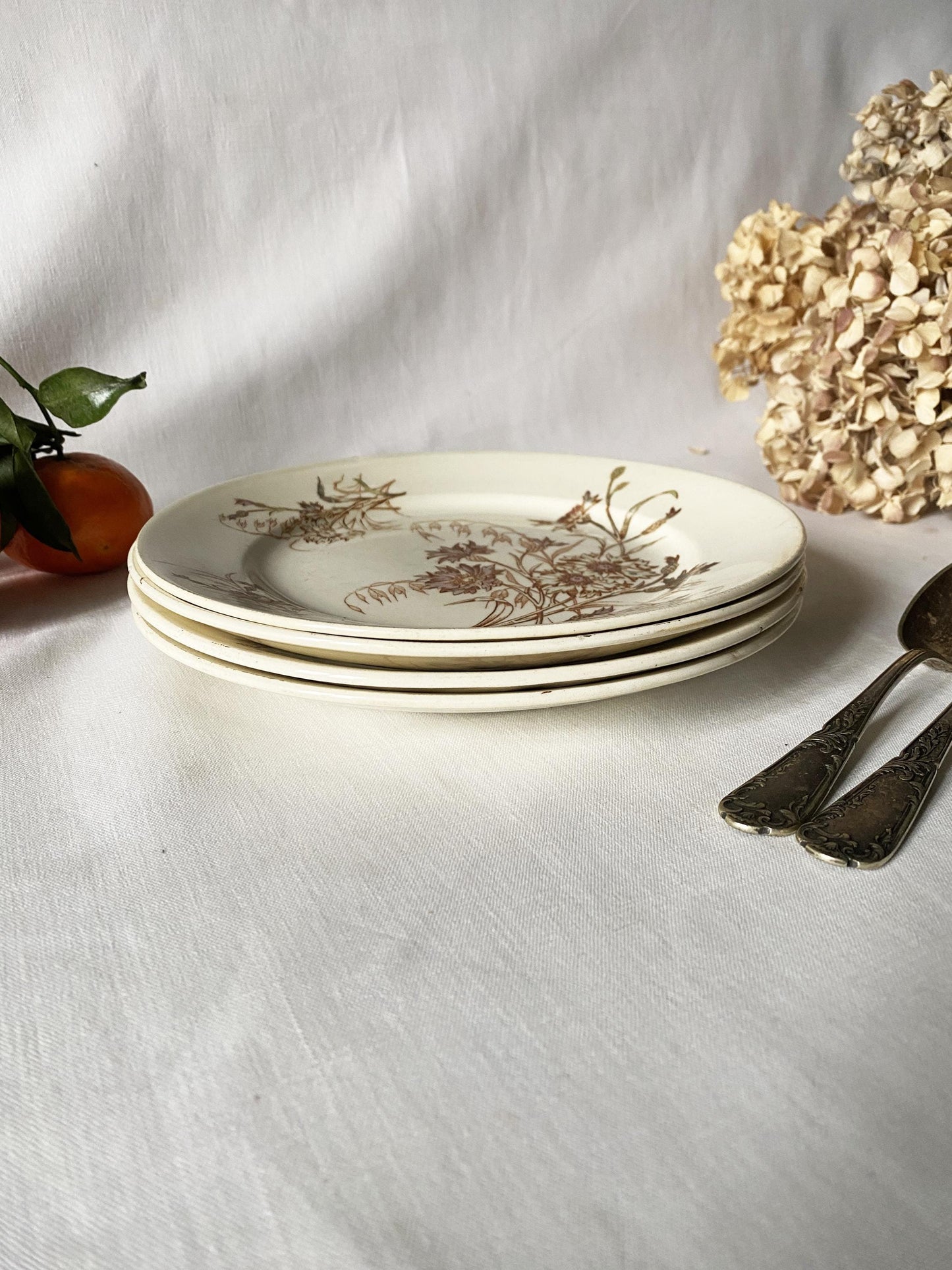 SET of 4 antique French ironstone dinner plates, polychrome floral in brown, green + pink, hand colored, K&G Luneville France