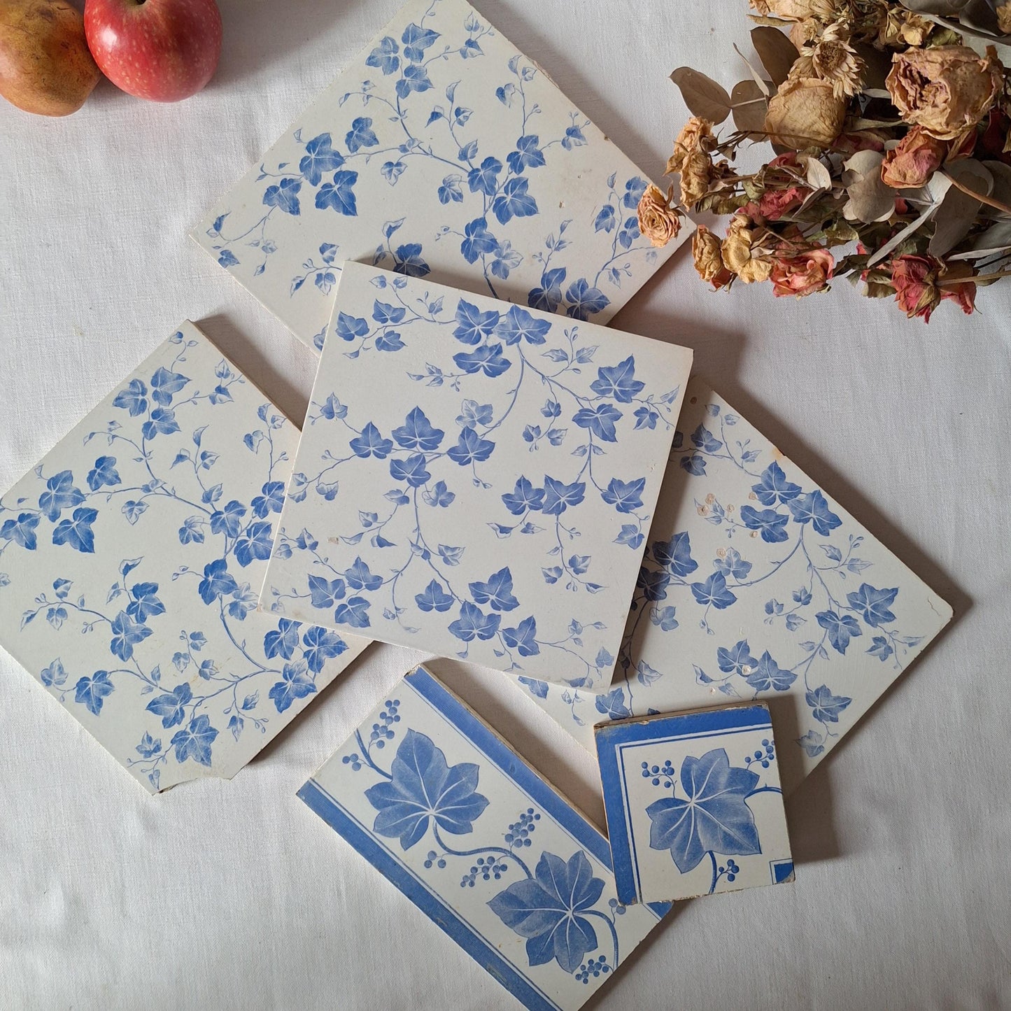 Antique French Transferware Tiles, Creil and Montereau, c.1880, blue ivy design set 6pc