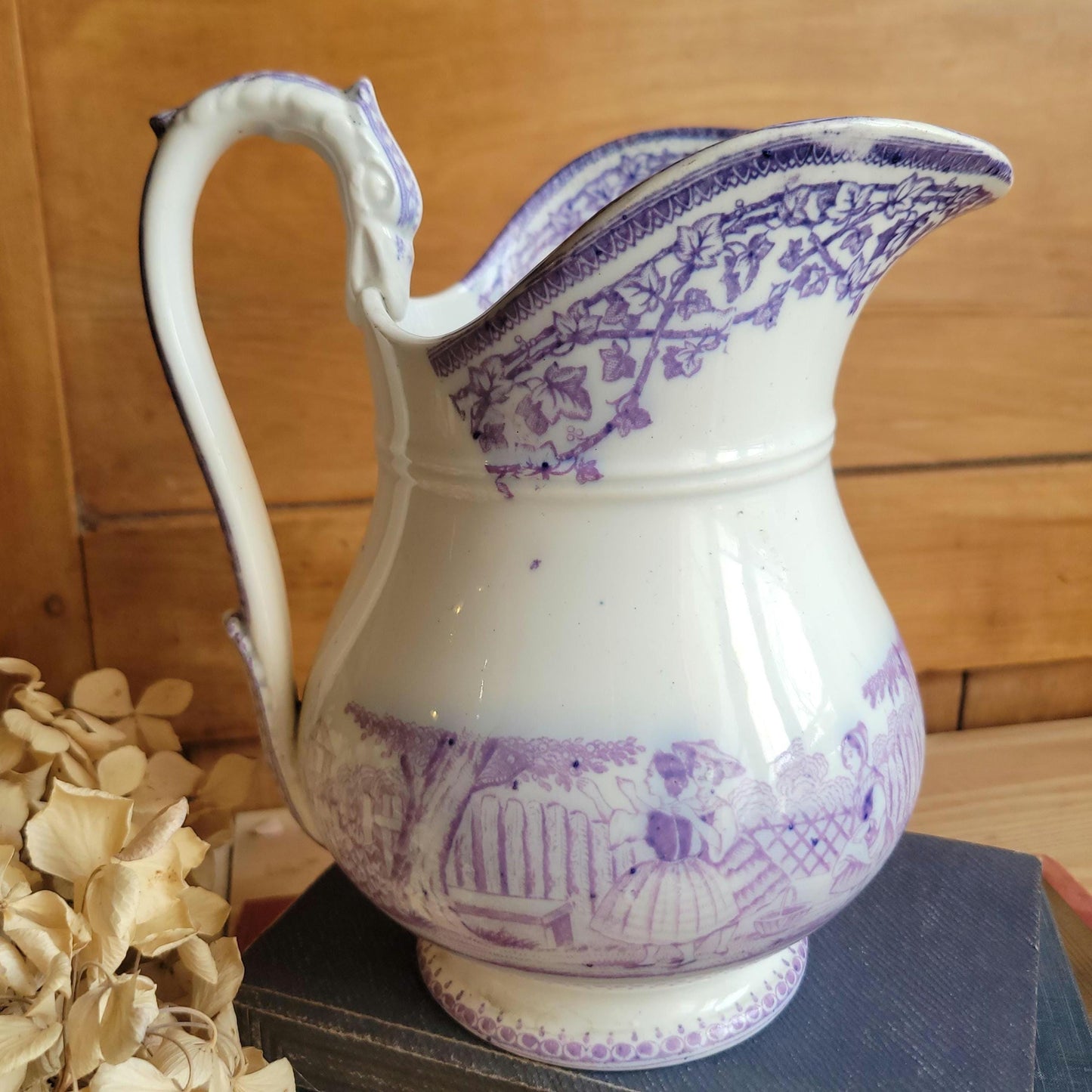 French antique purple Victorian transferware pitcher / water jug in purple and white by Grigny c1880