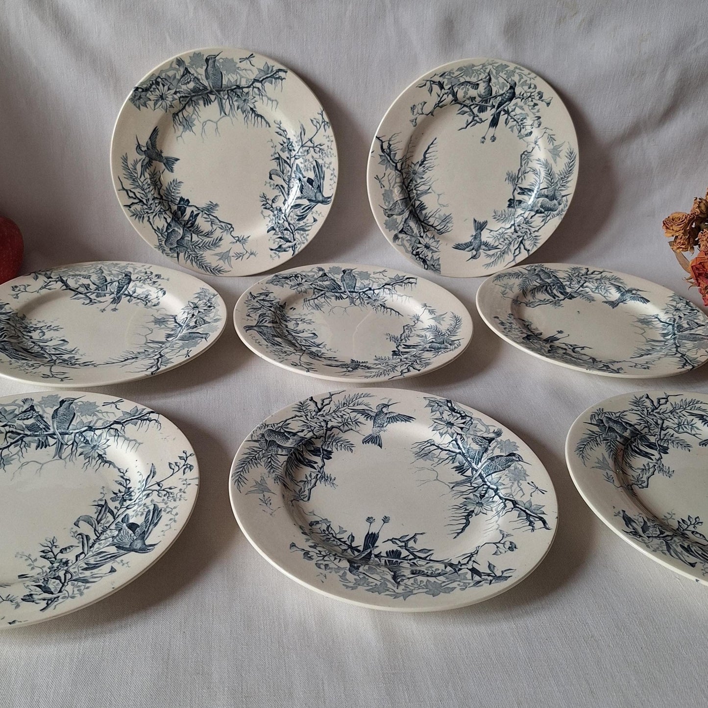 Antique French Blue Transferware Colibri Birds Dessert / Entree Plates (Set of 8), Luneville c1890