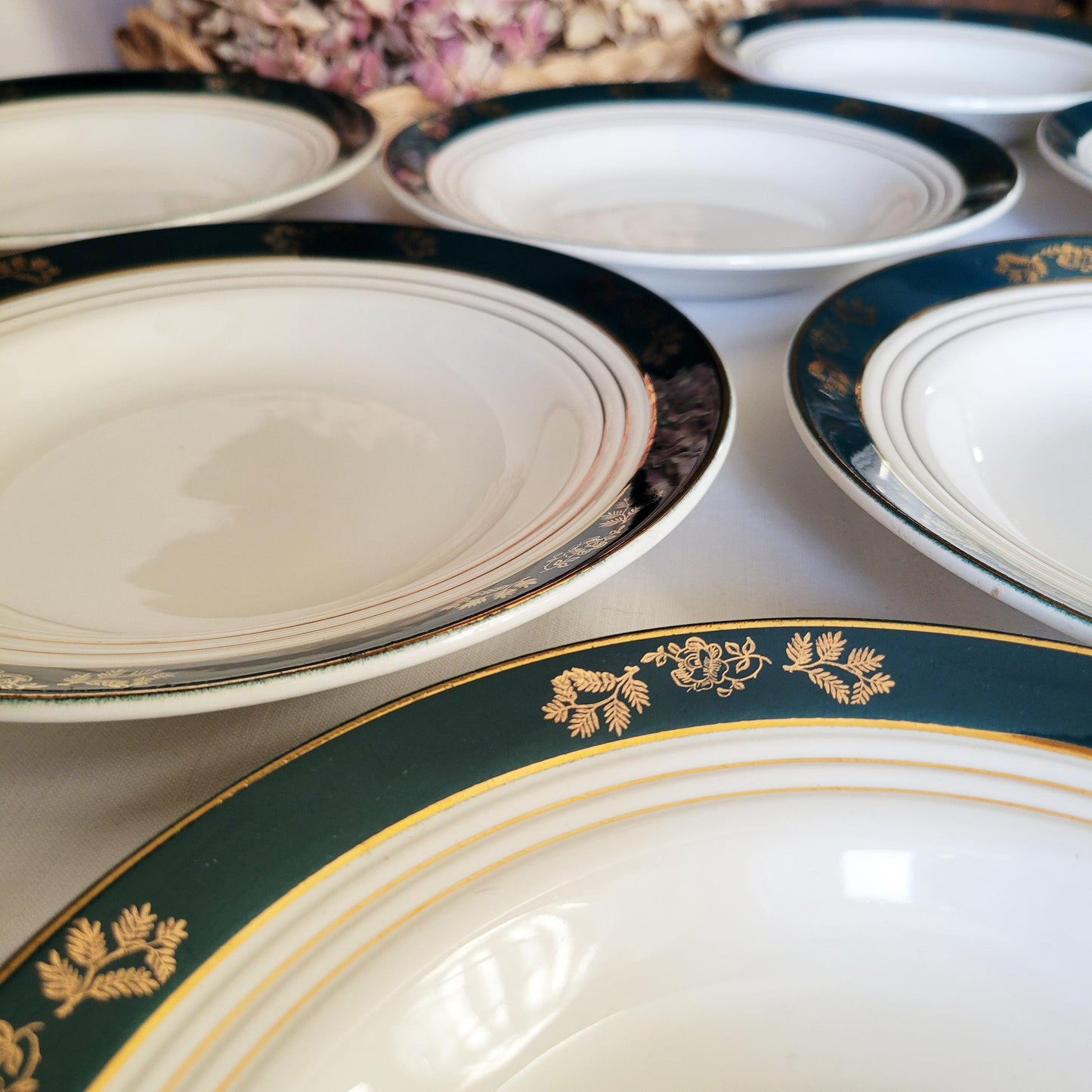 44pc French antique ironstone style dinner service, 12 place setting in green and gold 'Kleber' pattern 1950s St Amand, Ceranord France