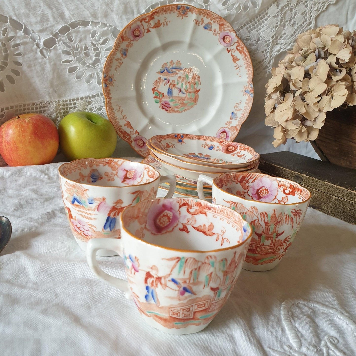 The 19thC English Staffordshire orange 'Slamat' pattern antique porcelain tea service c1820-1850