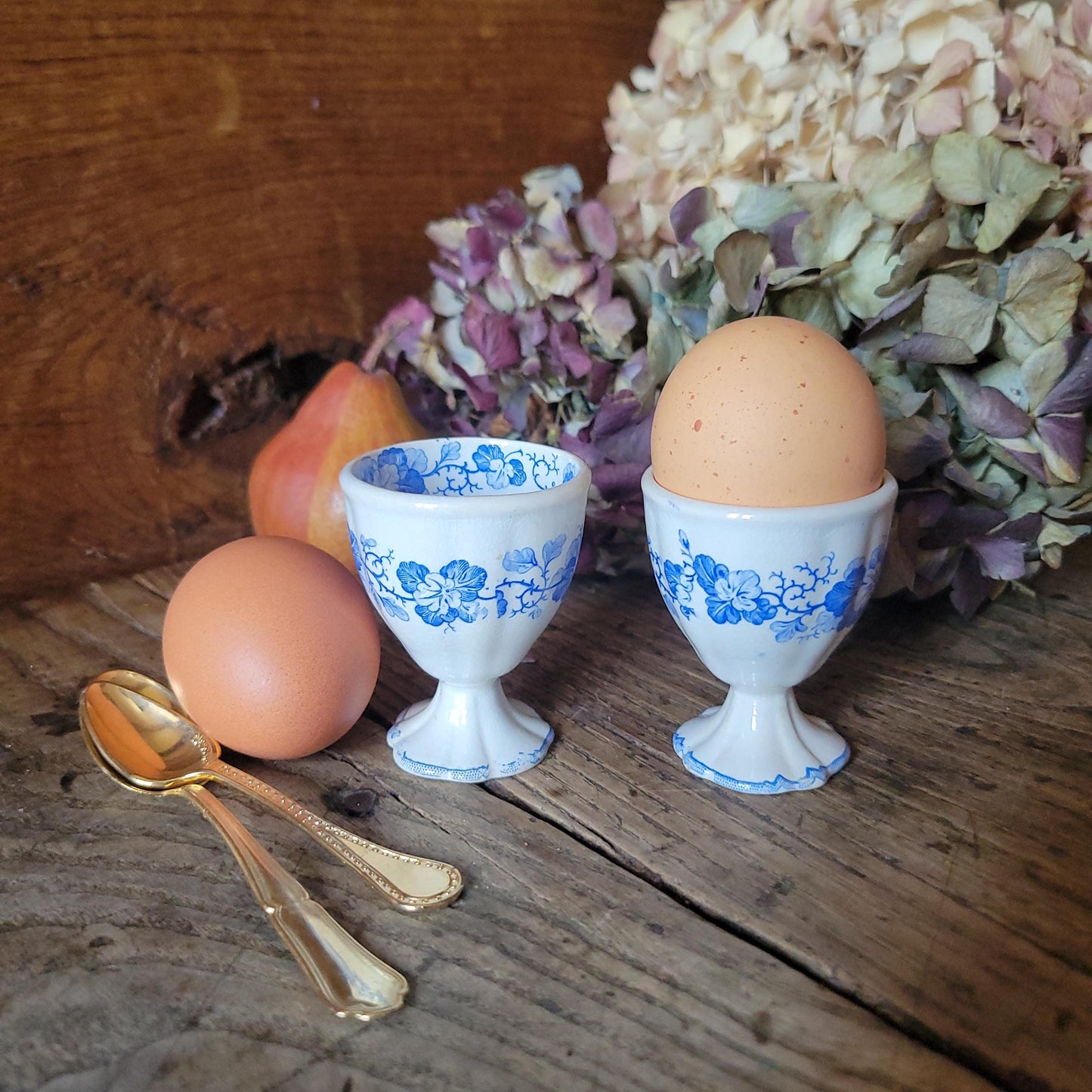 PAIR Sarreguemines 'Geranium' Vintage Egg Cups: Blue Transferware, c 1880 (Set of 2)
