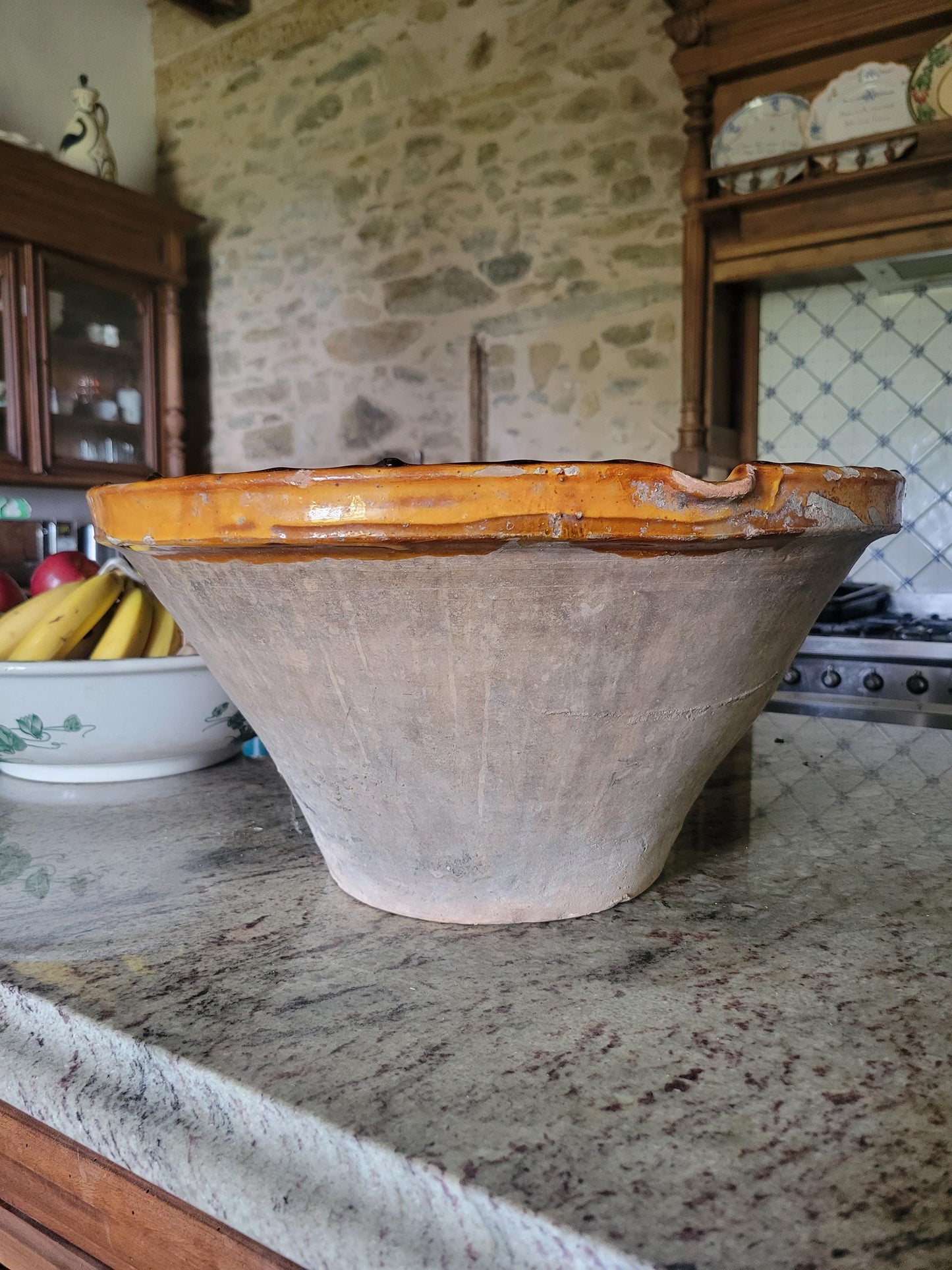 Large French Dough Mixing Tian Bowl, Oversized Provencale Stoneware, Yellow Ochre Glaze, France c.1890