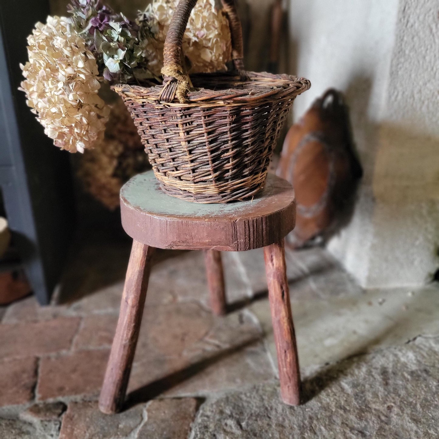 Primitive Tripod Milking Stool, Rough-Carved Oak, France c.1920