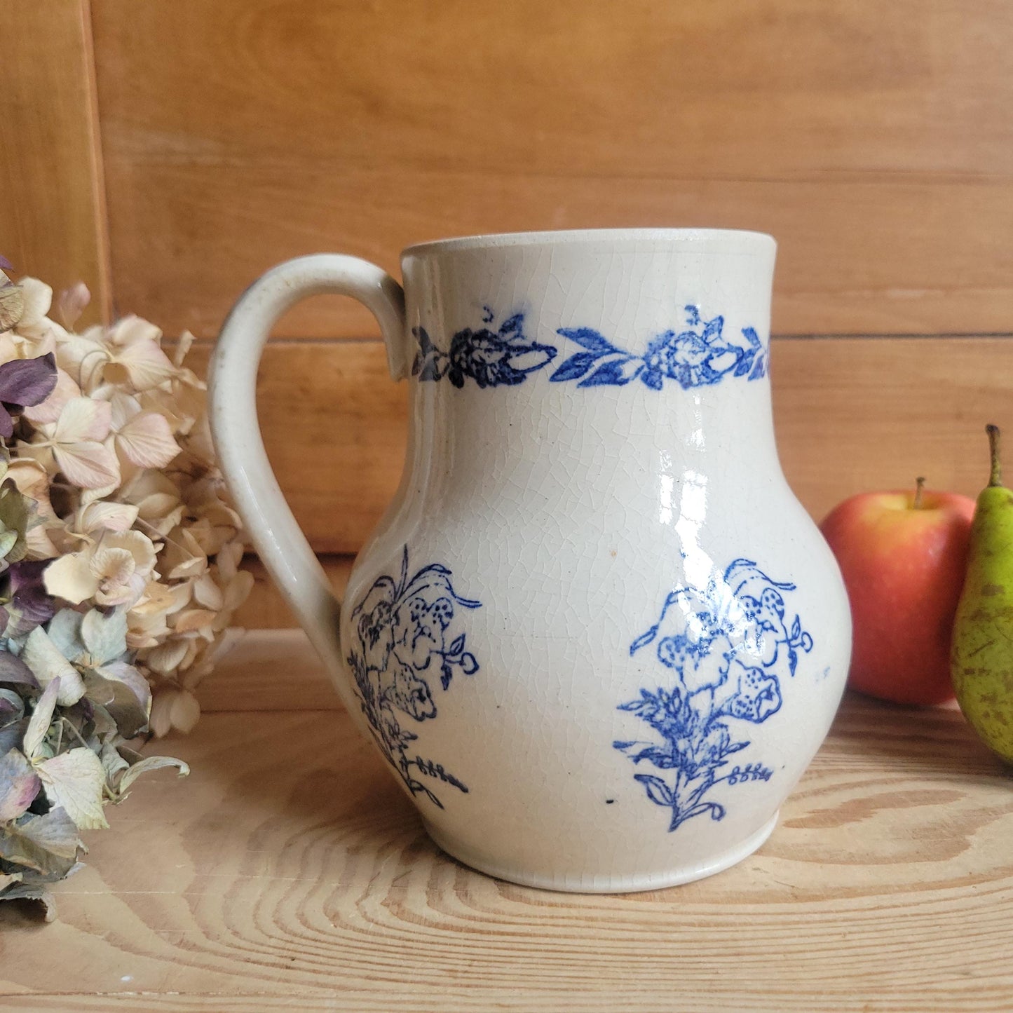 Large St Uze Milk Jug with Offset Handle and Blue Floral Decoration, France c.190