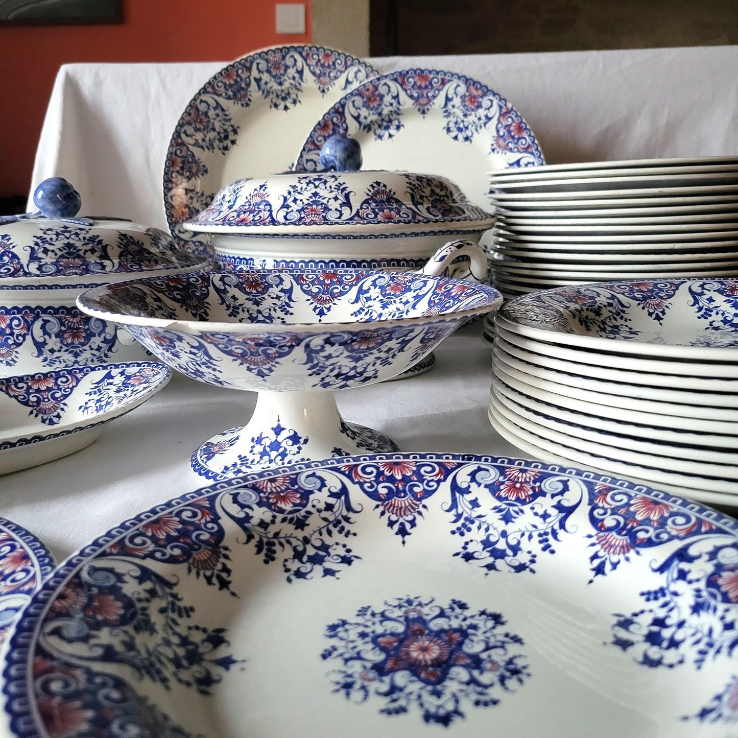 Vintage Gien Dinner Service, 62 pc Blue Red Transferware, France