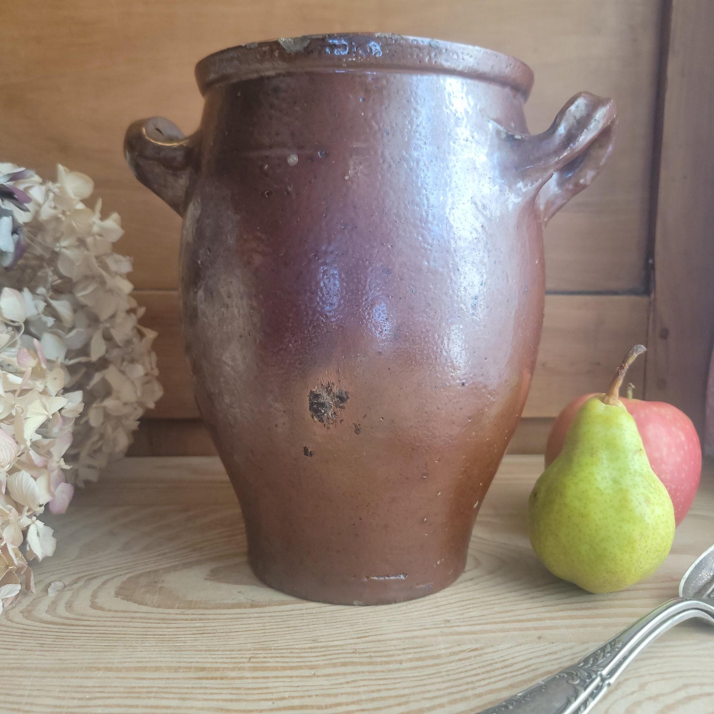 Vintage French salt or Confit Pot - richly glazed handled stoneware, chocolate brown, early to mid 1900s