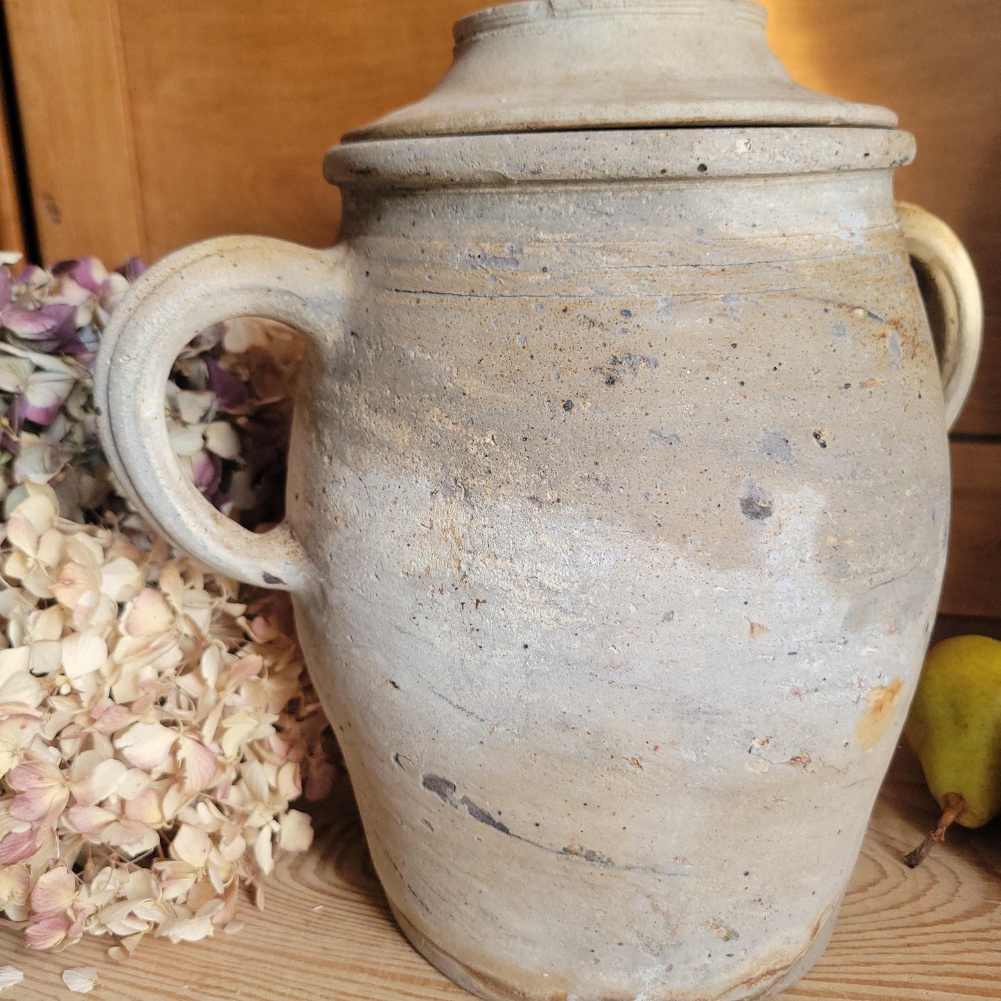 Antique Confit Pot, Two-Handled Ecru Stoneware with Brown Glaze, La Borne c.1920