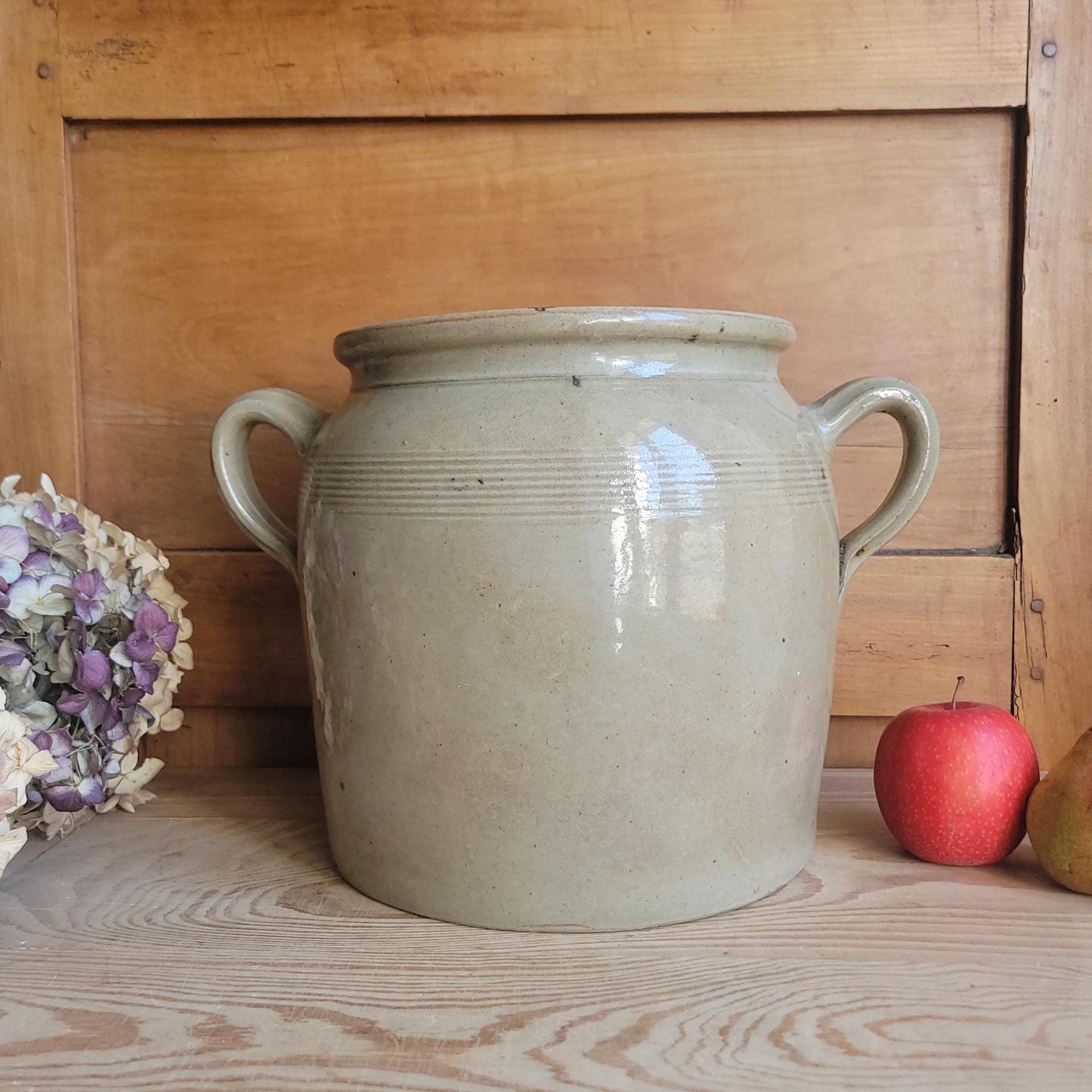 Antique French Confit Pot - Glazed 2-handled vintage stoneware, greige, early 1900s