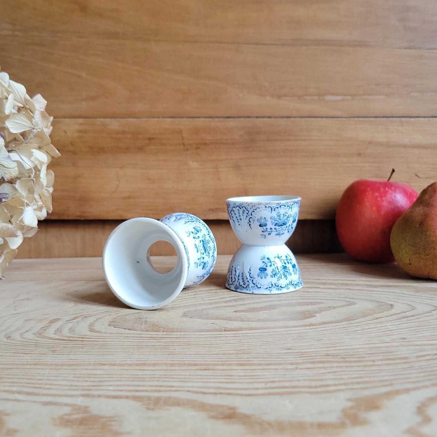 PAIR of Saint Amand 'Regence' Vintage Egg Cups: Blue Transferware, c 1900 (Set of 2)