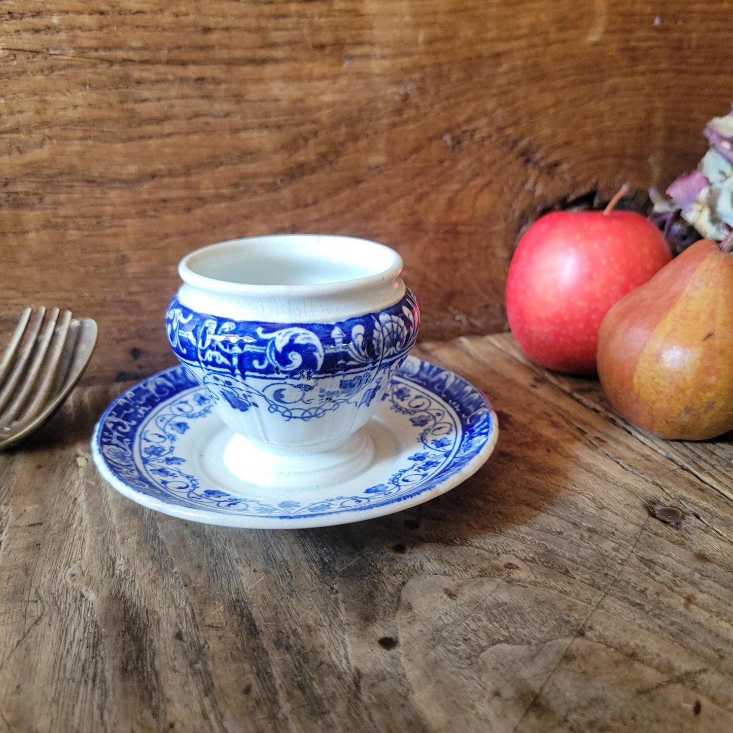 French antique cobalt blue transferware moutardier - Jules Vieillard & Co. Bordeaux, mid 19th C, France