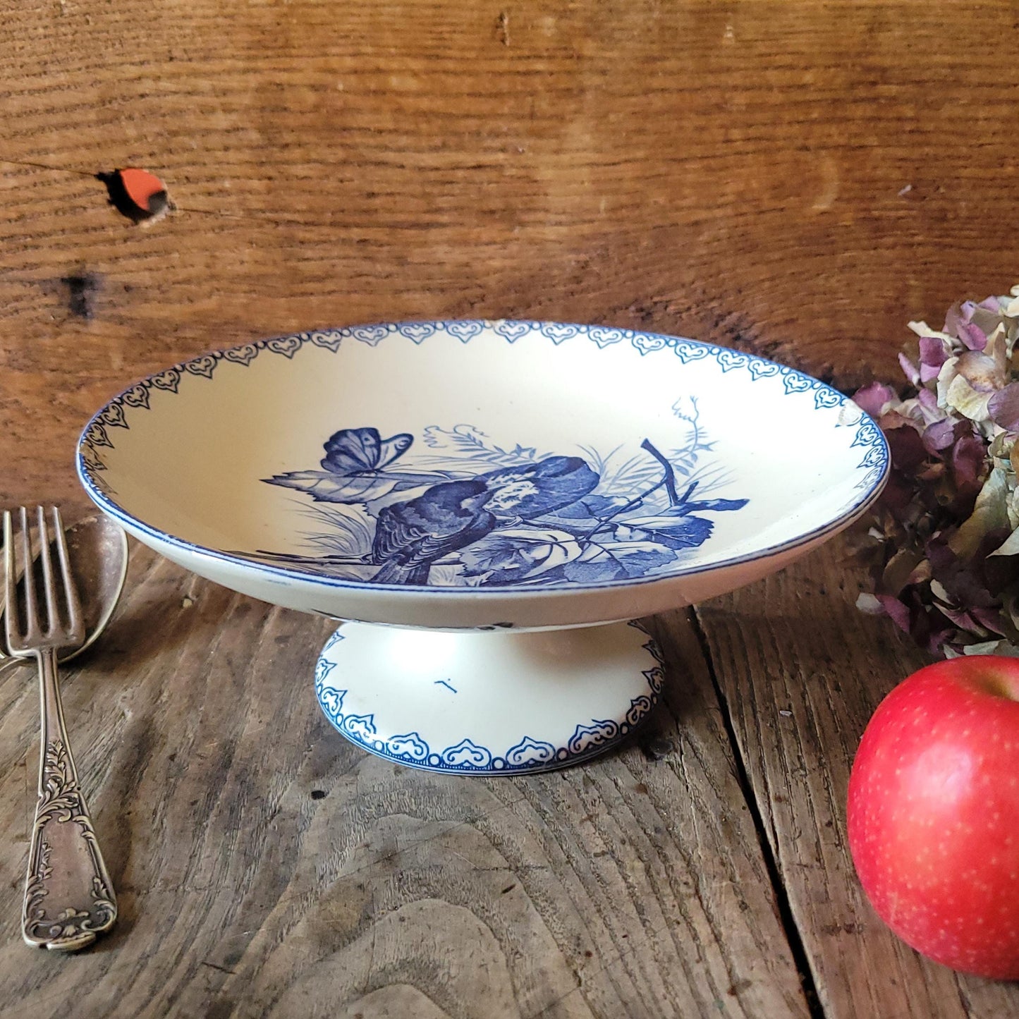 Antique French Clairefontaine Compotier - Cake Stand, Shabby Blue Transferware, Ironstone c1886