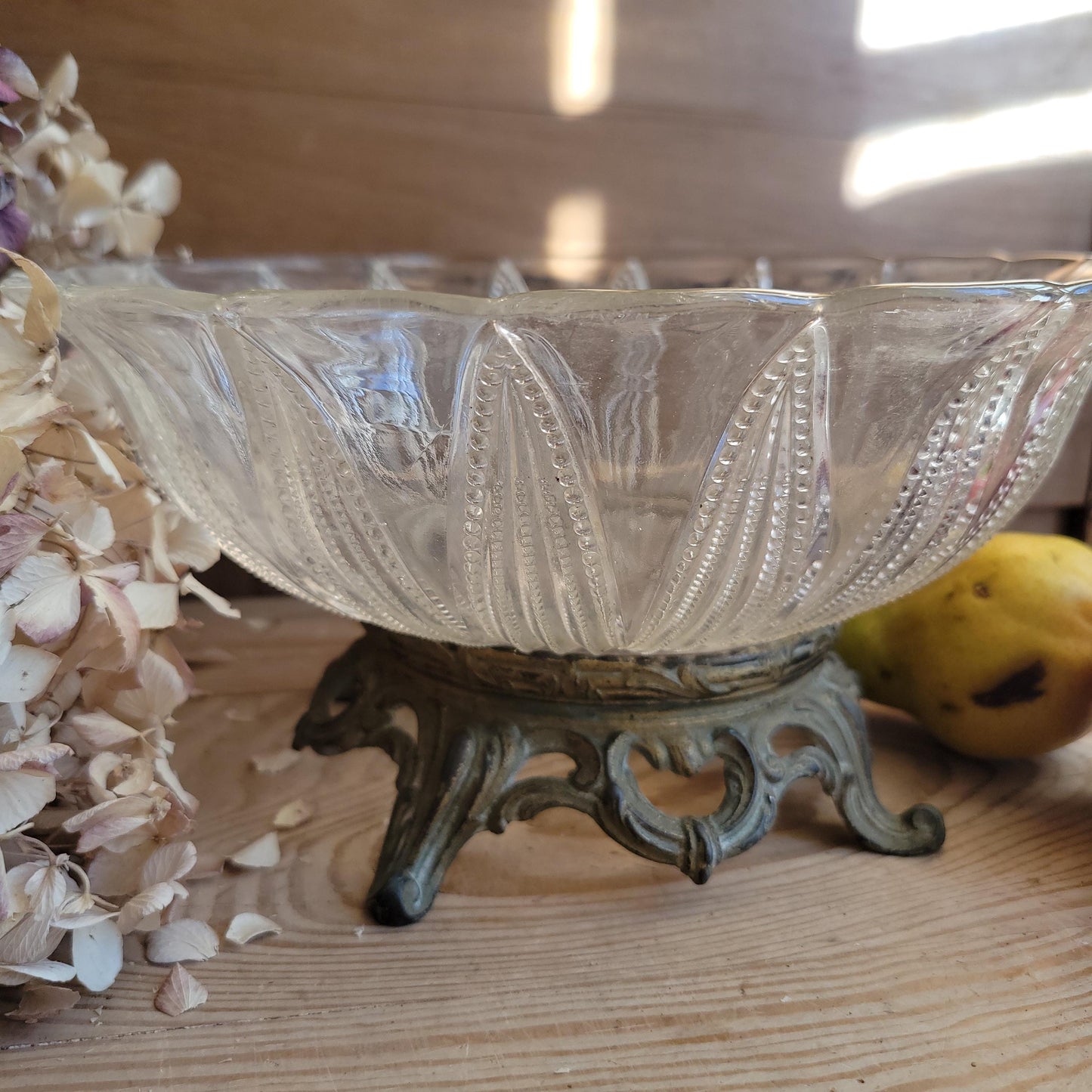 Antique Glass Fruit Bowl with Cast Metal Foot, France c.1910