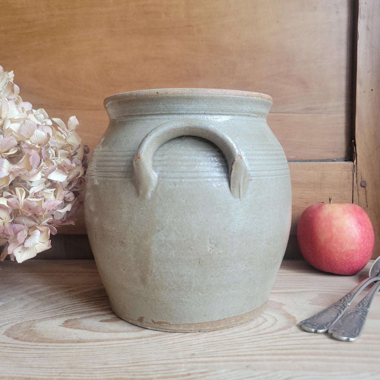 Small Antique French Confit Pot - Glazed attached-handled vintage stoneware, greige, early 1900s