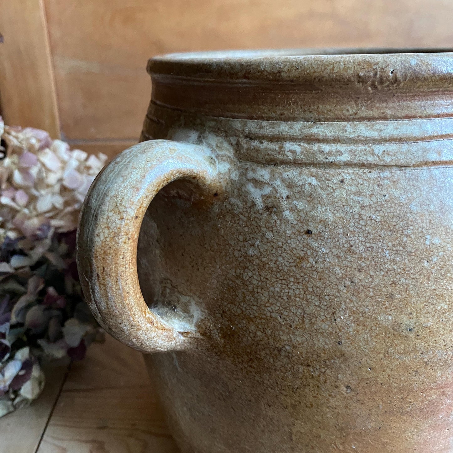 Antique French Confit Pot with lid - mottled glaze two handled stoneware, pale brown and ecru, early to mid 1900s