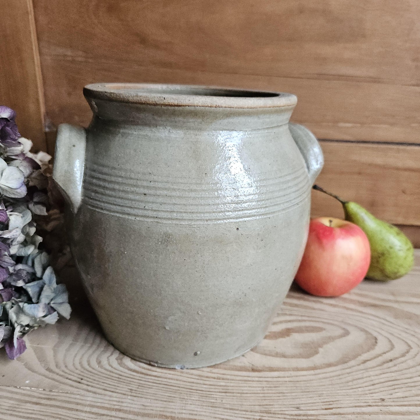 Antique French Confit Pot - Glazed attached-handled vintage stoneware, greige, early 1900s