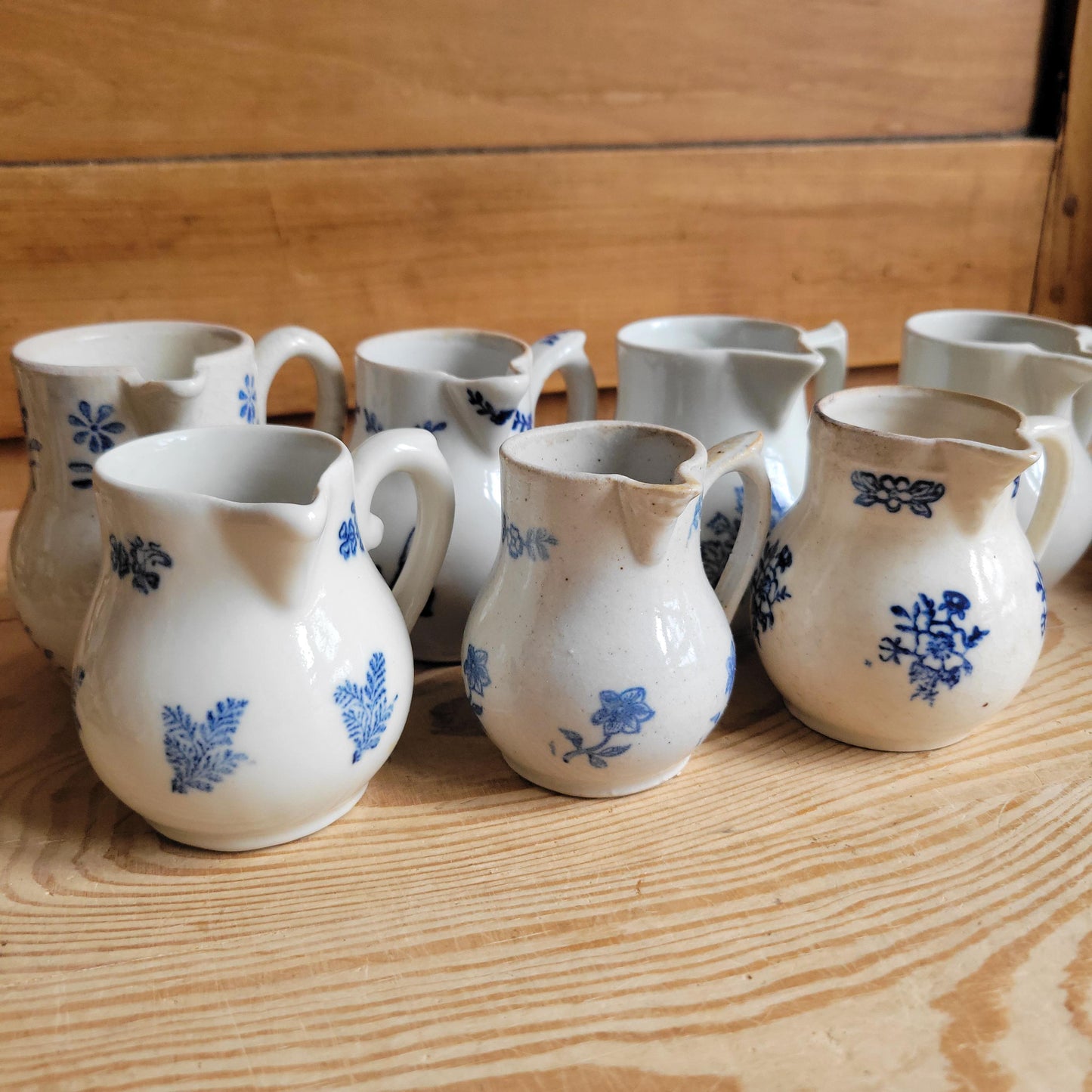 Small Antique St Uze Pitchers / Creamers, Blue Floral Decoration, France c.1900 — Sold Individually