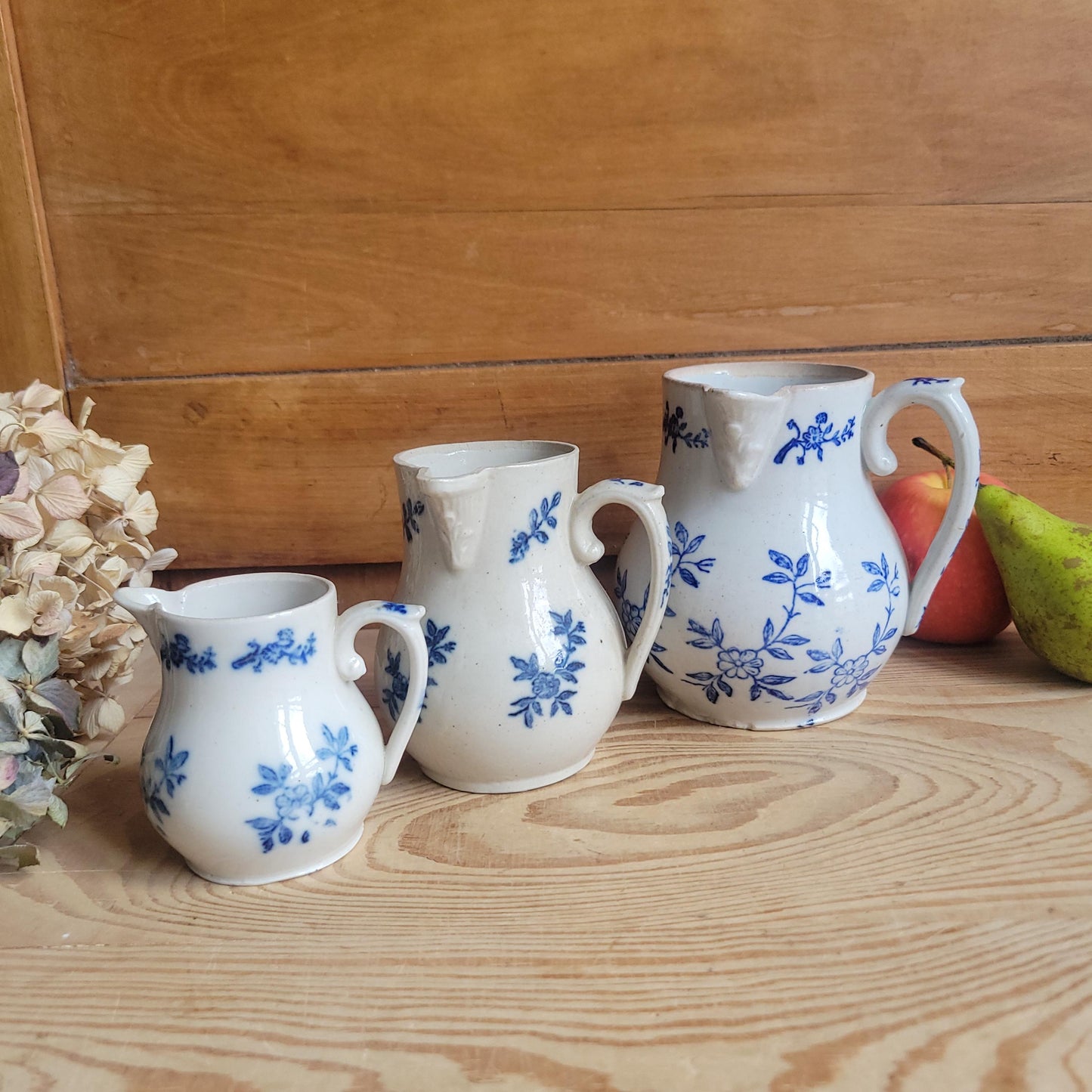 Set of 3 Matching Antique St Uze Pitchers, Blue Floral Decoration, France c.1910