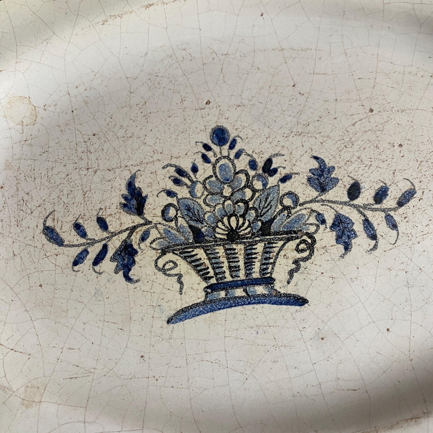 Antique Small Oval Cul Noir Platter with Basket of Flowers, Rouen Area, France c.1890