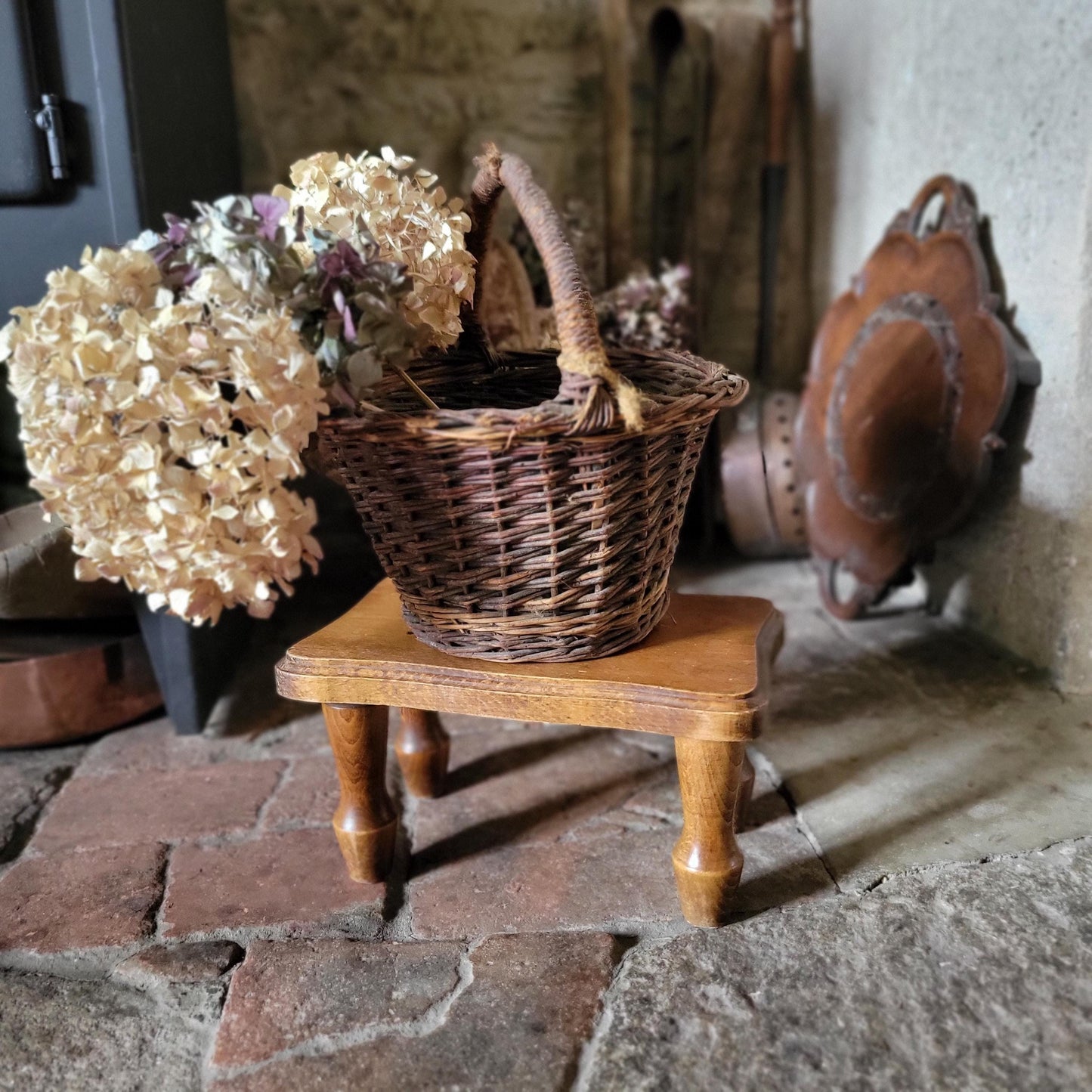 Small Vintage French Foot Stool in Solid Wood, c.1960