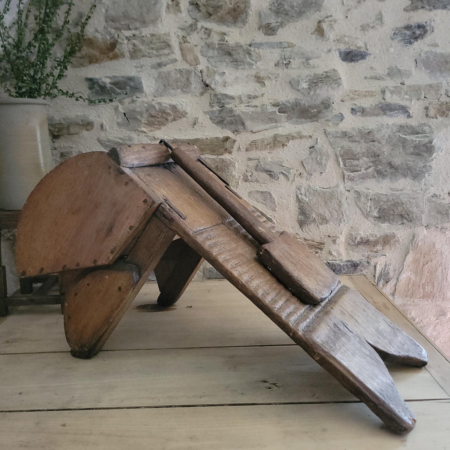 Antique French Oak Washboard with Paddle and Kneeling Stool, c.1920