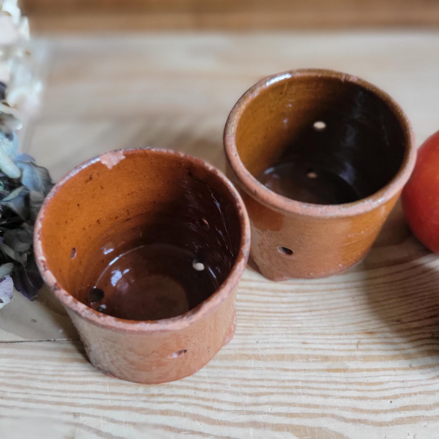 Pair of Small Three-Footed Glazed Terracotta Faisselles, France c.1940