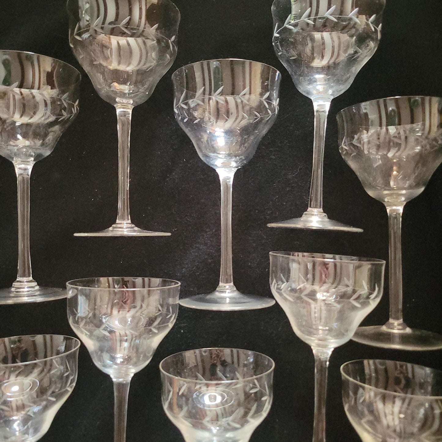 Set of 10 (9+1 free) French wine glasses, stemmed glasses for wine, engraved cut crystal c1920-1940